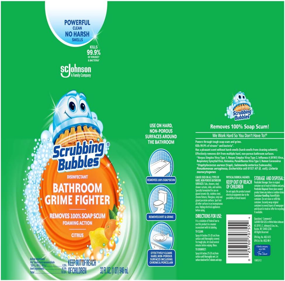 Scrubbing Bubbles Bathroom and Shower Cleaner Disinfectant Spray, Foaming Action Bathroom Grime Fighter, Citrus Scent, 32oz