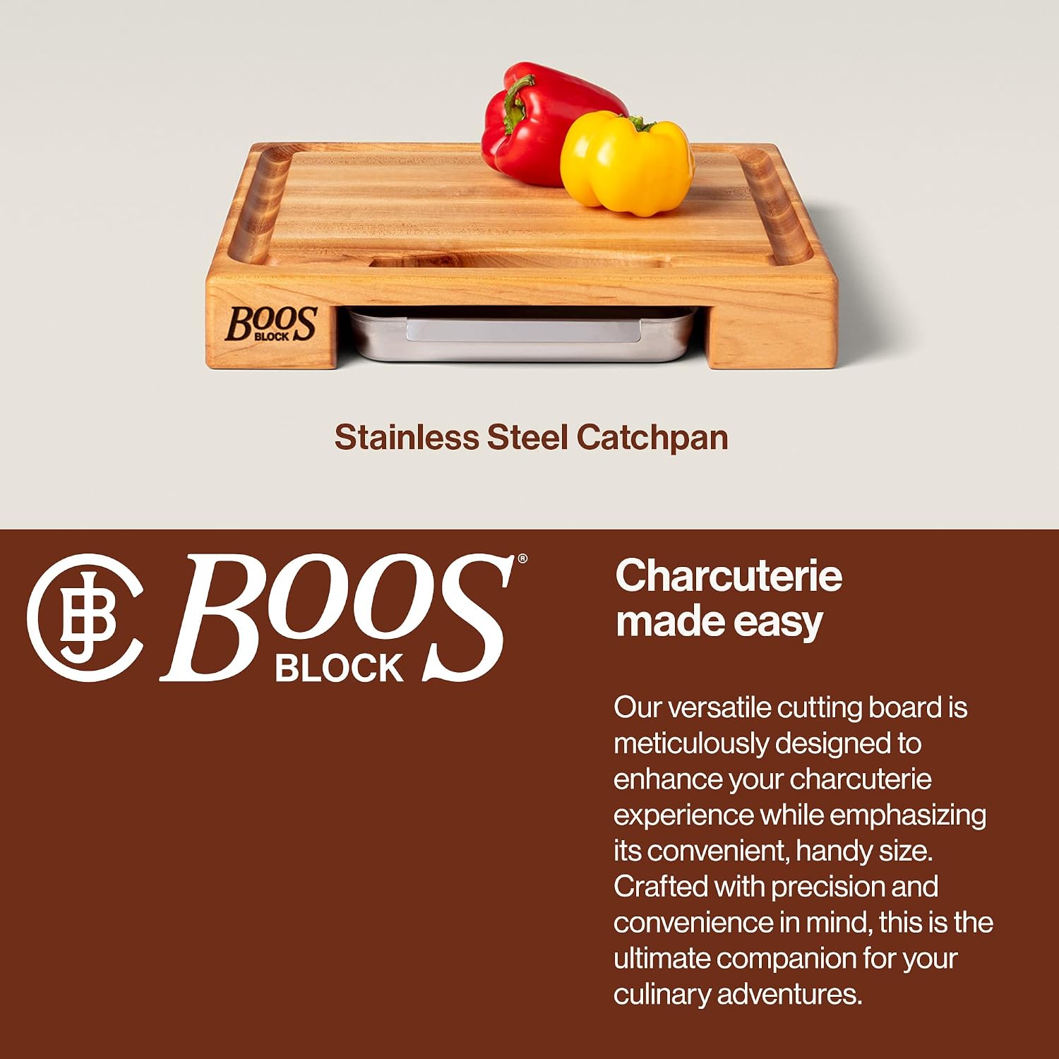 John Boos Newton Prep Master Series Rectangular Wooden Maple Cutting Board 15”x14” – 2.25” Thick, 14-lb Reversible Butcher Block with Catch Pan, Sloped Juice Groove & Edge-Grain – Made in the USA