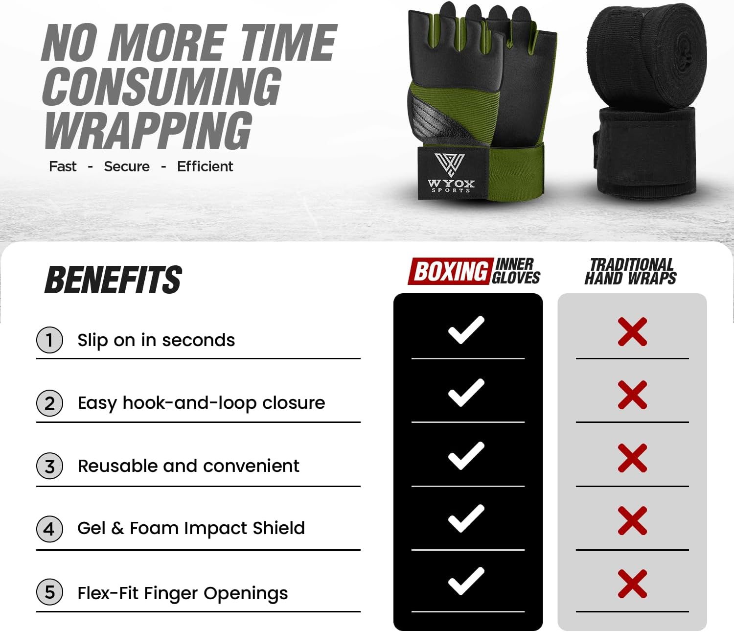 WYOX Neoprene Gel Boxing Hand Wraps Inner Gloves for Men & Women – 80cm/31in Quick Wrist Strap, Padded Knuckle Protection