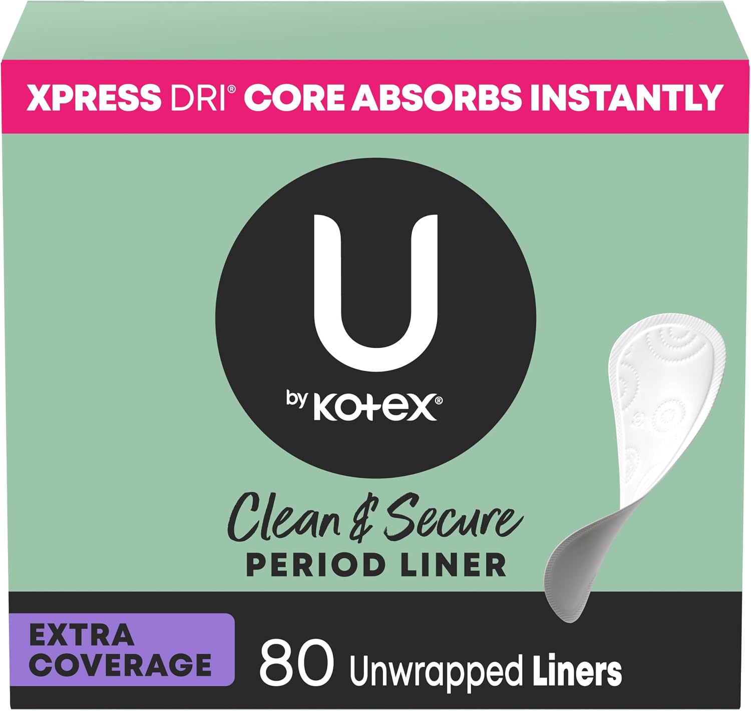 U by Kotex Panty Liners, Clean & Secure, Light Absorbency, Extra Coverage, 80 Count (Packaging May Vary)