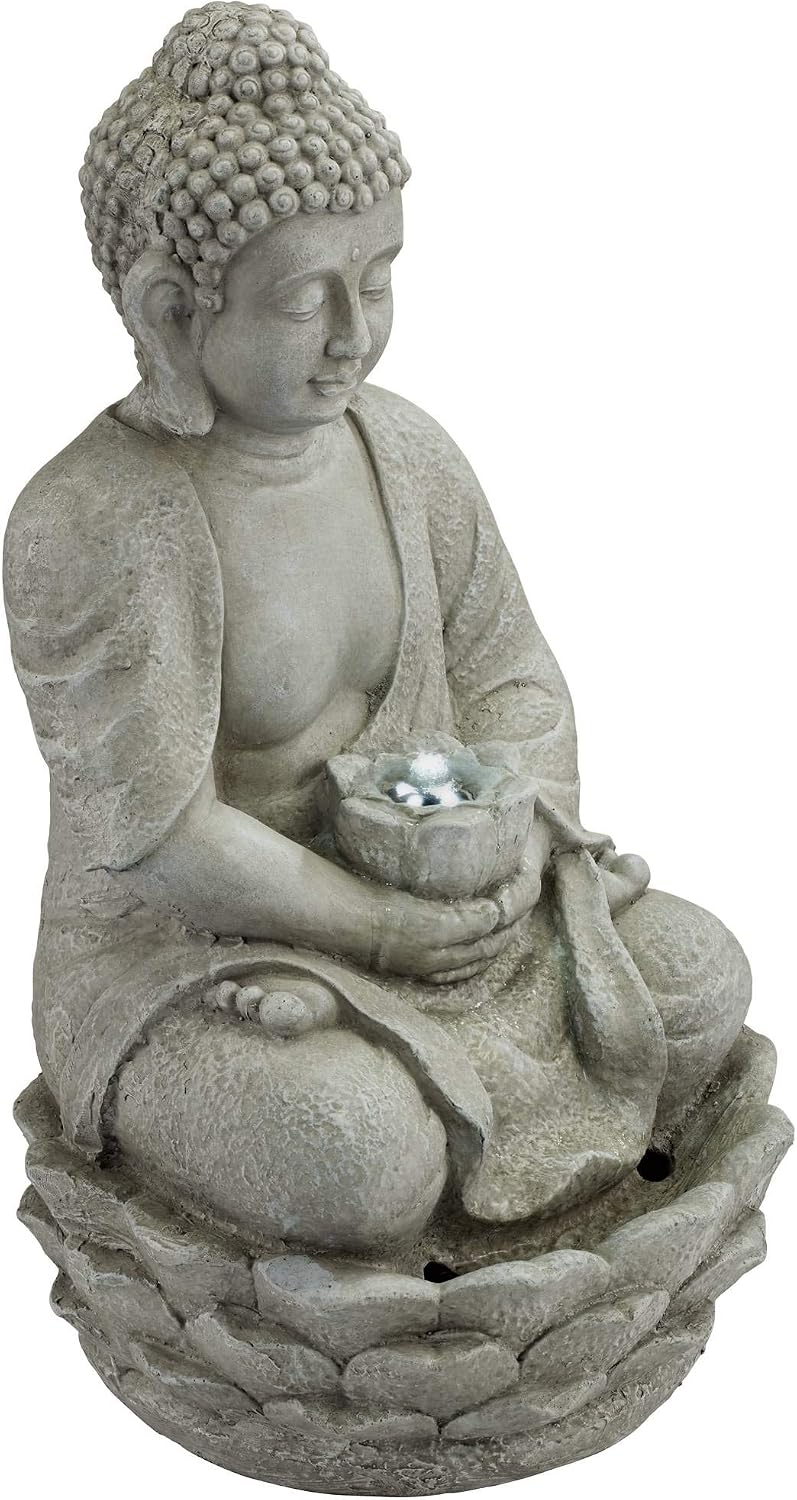 Meditating Buddha 24" High Outdoor Indoor Large Bubbler Fountain with Light | Zen Asian Decor Resin Floor LED Standing Water Feature for Outside Garden Patio Yard Backyard Porch Deck