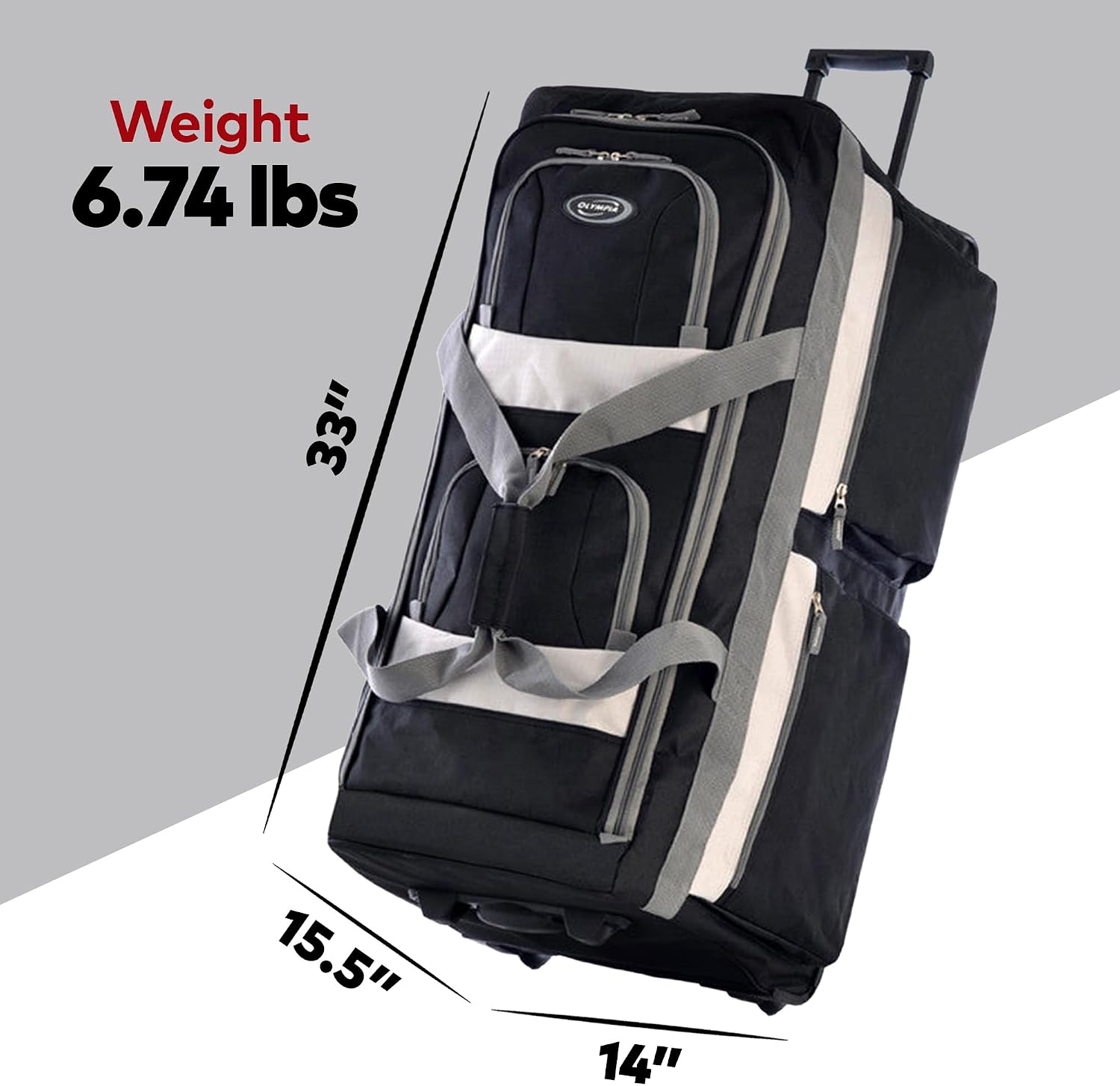Olympia U.S.A. 33 inch Jumbo Size 8 Pockets Wheeled Rolling Duffel Bag Water Resistant Luggage Lightweight Travel Suitcase with Retractable Handle