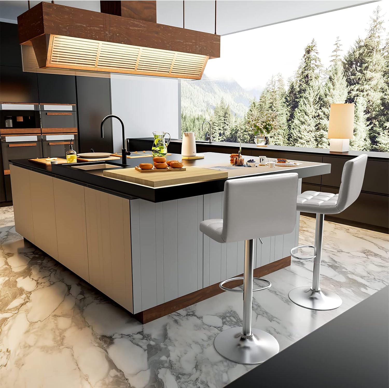 Homall Bar Stools Modern PU Leather Adjustable Swivel Barstools, Armless Hydraulic Kitchen Counter Bar Stool Extra Height Square Island Barstool with Back Set of 2 (Leather, White)