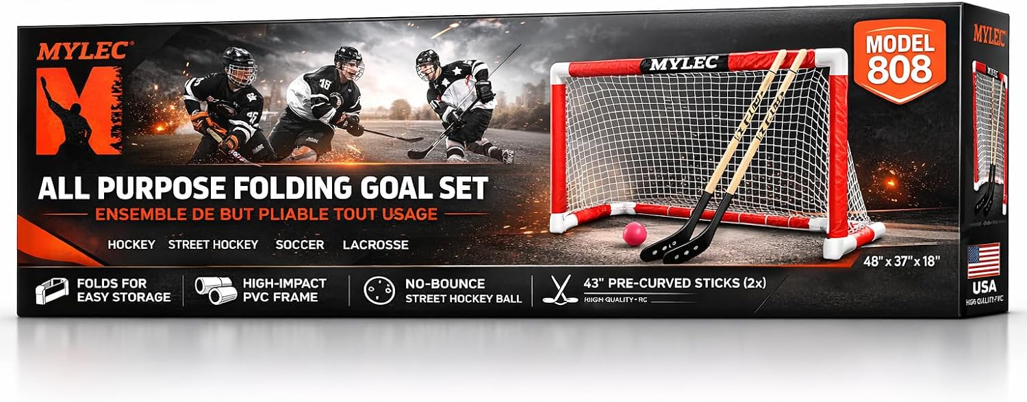 MyLec Deluxe Hockey Set, with 1 Hockey Goal, 2 43" Hockey Sticks & 1 Soft Ball, Sleeve Netting System, PVC Tubing Net, Lighweight & Durable