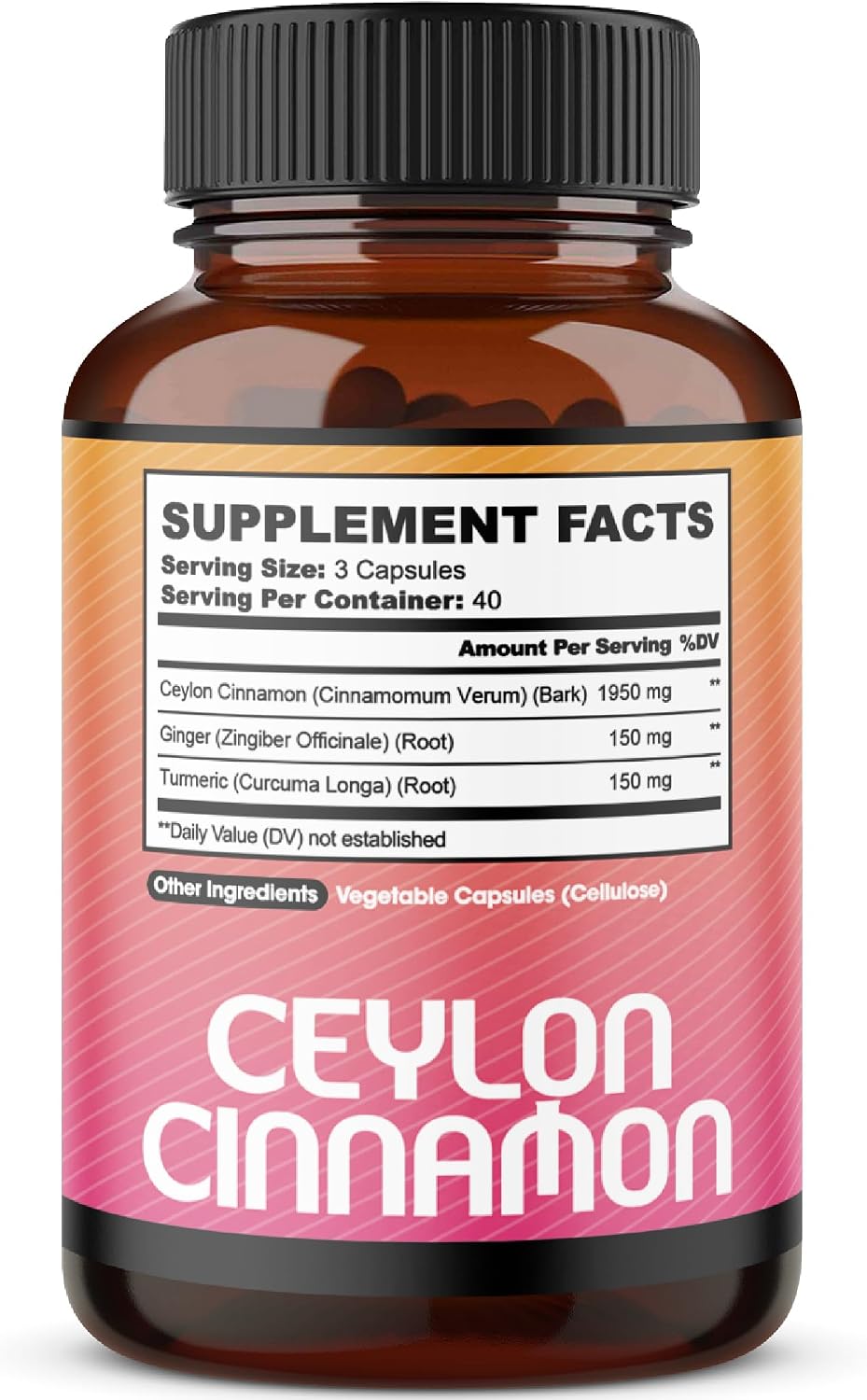 Ceylon Cinnamon Capsules - Combined with Ginger Root and Turmeric Curcumin Supplement - 120 Vegan Capsules