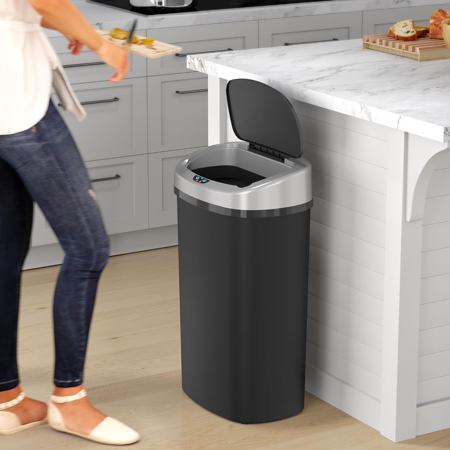 iTouchless 50 Liter / 13 Gallon Kitchen Trash Can with Lid & Deodorizer – Motion Sensor Semi-Round Stainless Steel Garbage Bin for Home, Office, or Garage – Slim, Wide Opening Large Capacity Design