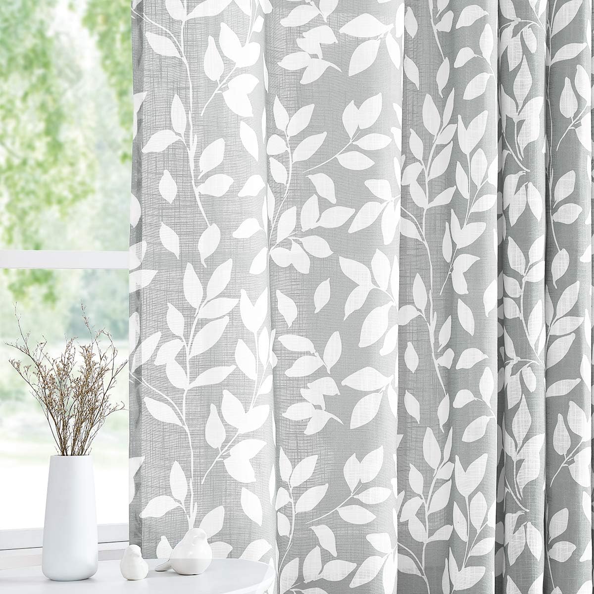 Leaf Semi Sheer Curtains for Bedroom Living Room 52x72" Taupe White Print 2