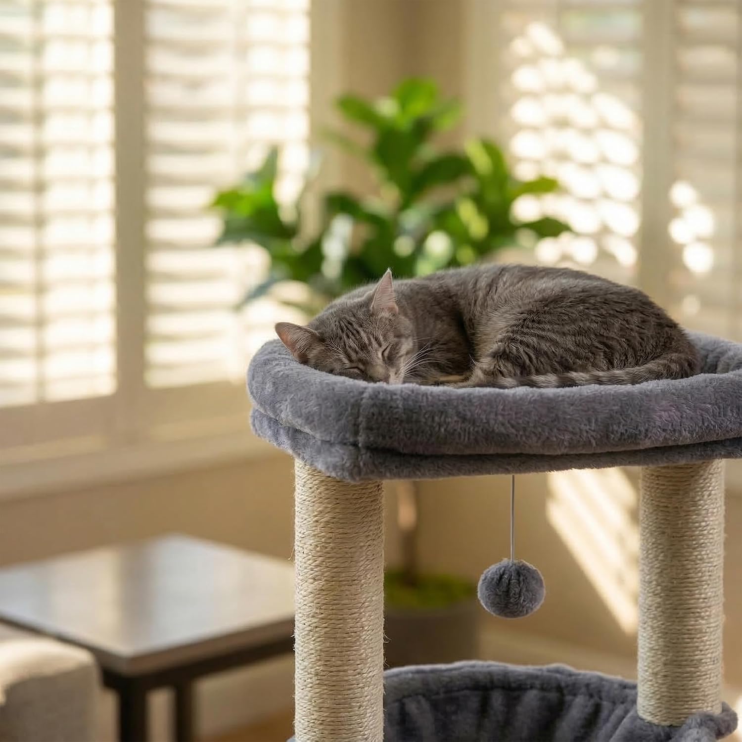 32" Cat Tree for Indoor Cats, 2-in-1 Cat House with Sisal Scratching Post & Ramp, 2-Level Cat Tower with Rotatable Feather & Ball Toys, Stable Grey Cat Condo for Small/Medium Cats, Grey