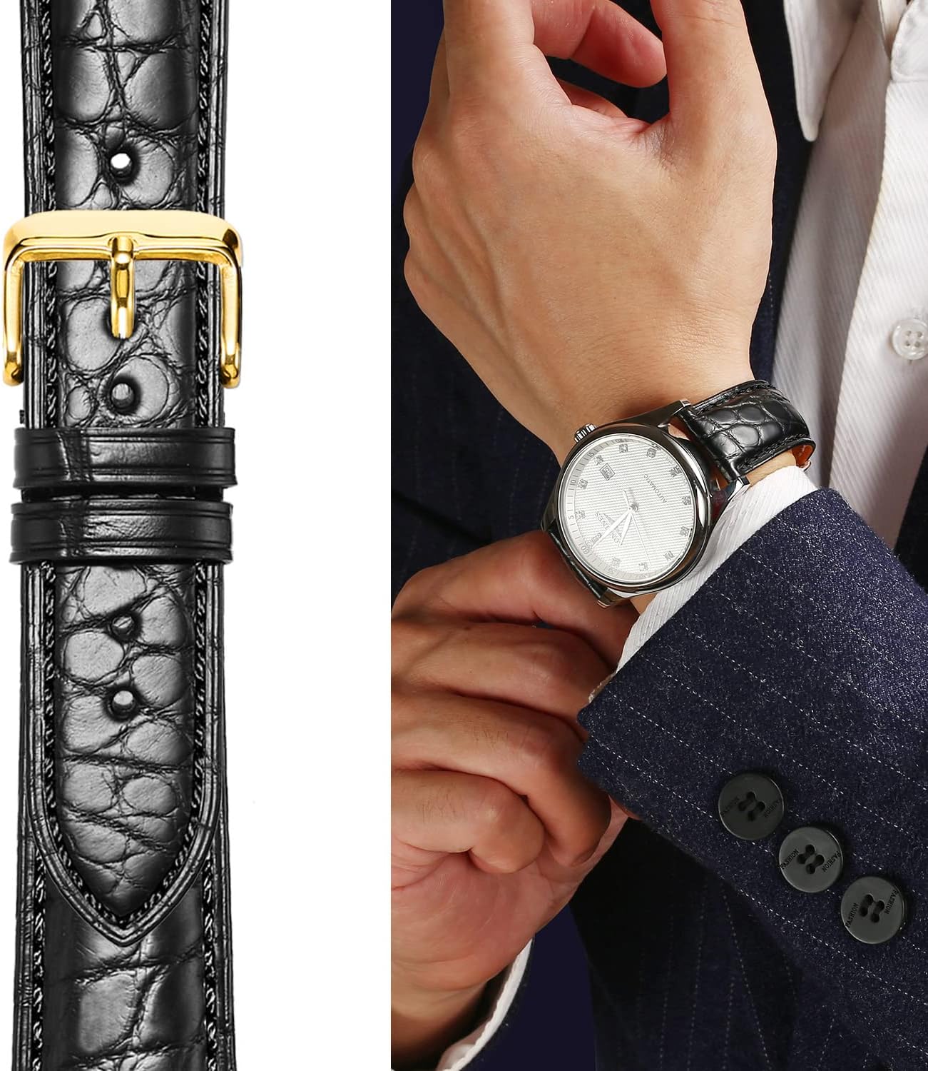 Moran Genuine Leather Watch Band 18mm 19mm 20mm 21mm 22mm 23mm 24mm Calf Grain Watch Strap for Men and Women 18mm Black-Silver Buckle