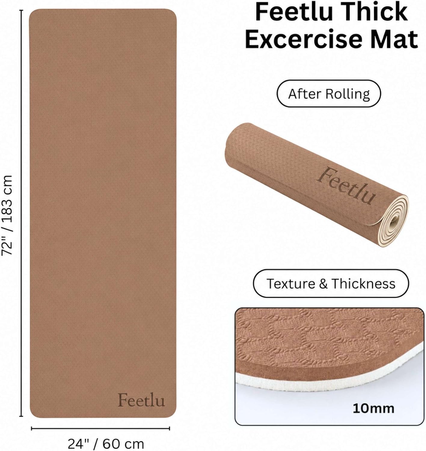 Extra Thick Yoga Mat with Carry Strap, 10mm Non-Slip Exercise Mat, 72 x 24 Inch Cushioned Workout Mat for Yoga, Pilates, Stretching & Floor Exercises