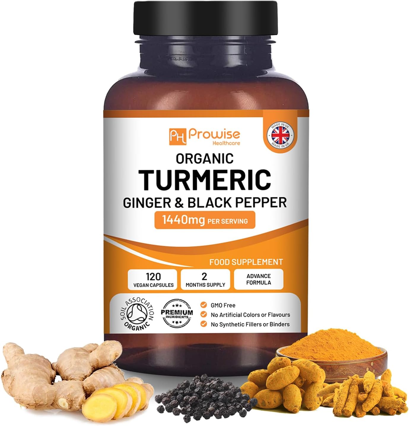 Turmeric Curcumin 1440mg with Black Pepper & Ginger I 120 Vegan Turmeric Capsules High Strength (2 Month Supply) I Made in The UK by Prowise