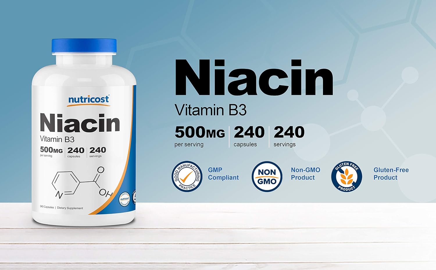 Nutricost Niacin (Vitamin B3) 500mg, 240 Capsules, with Flushing, GMO-Free | Gluten-Free
