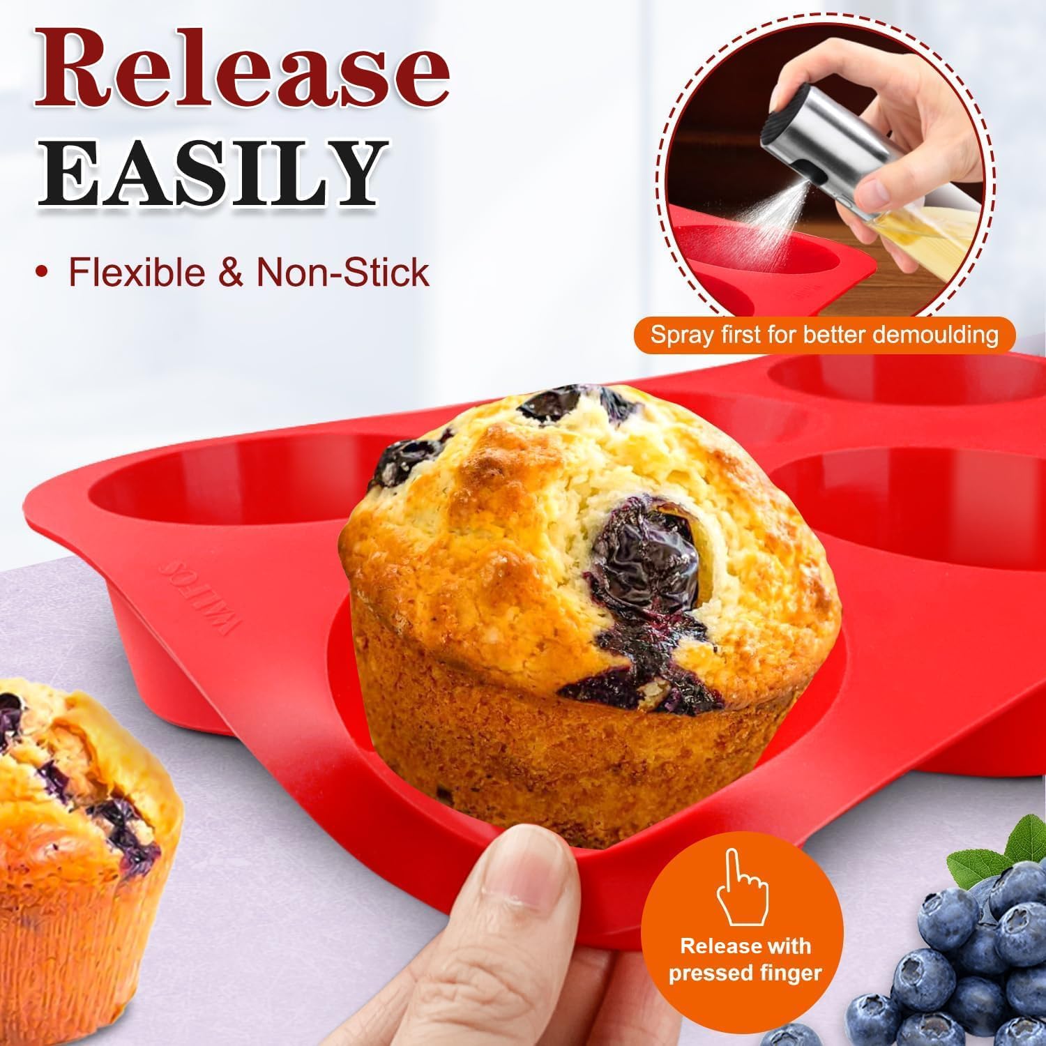 Walfos Silicone Texas Muffin Pan - 6 Cup Jumbo Silicone Cupcake Pan, Non-Stick, Just Release! Perfect for Egg Muffin