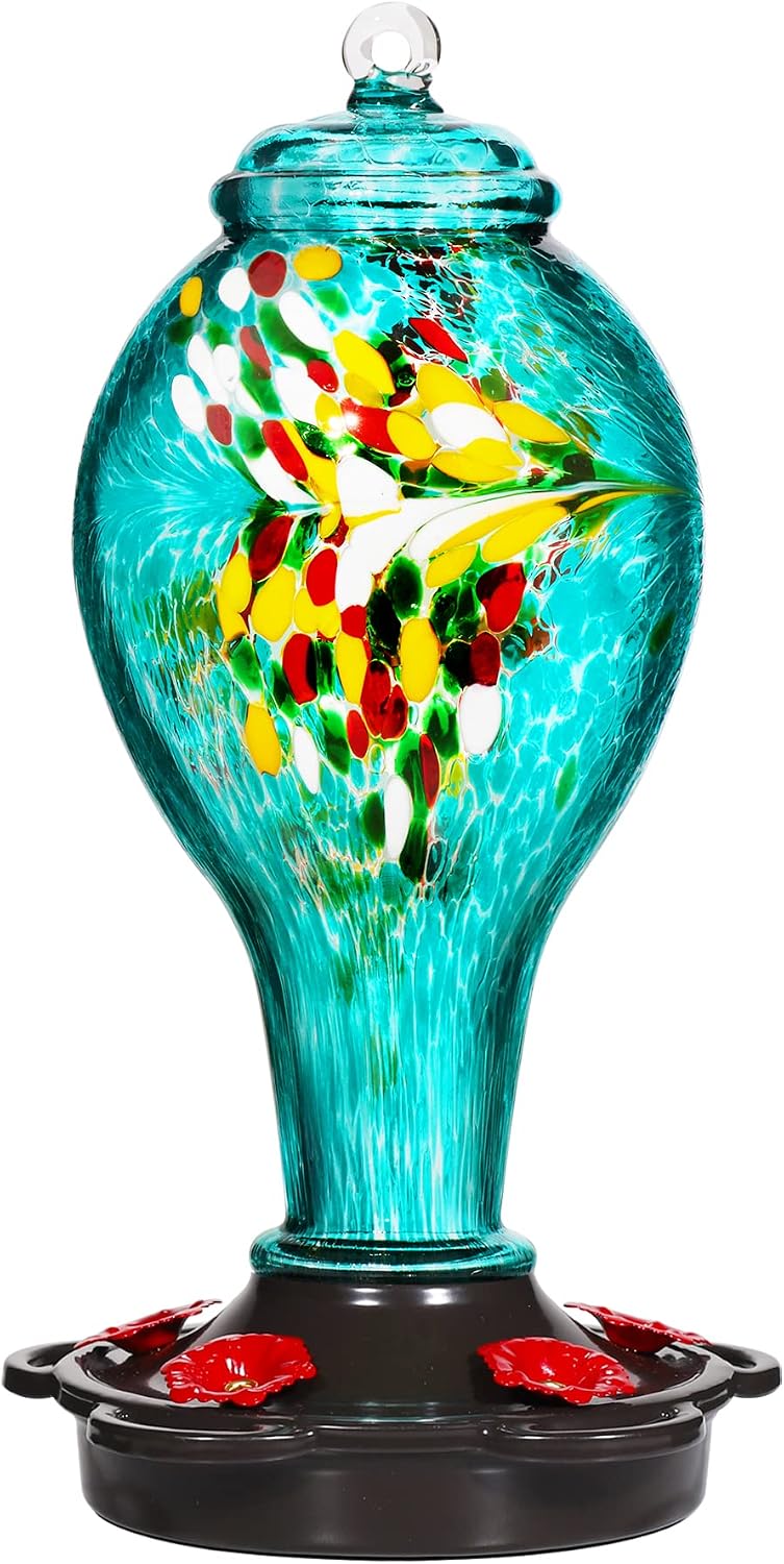 LUJII Hummingbird Feeder, Hand Blown Glass Hummingbird Feeder, Never Fade, 36 Fluid Ounces, 5 Feeding Metal Stations, Much Bigger, Garden Backyard Decorative, Containing Ant Moat (Blue)