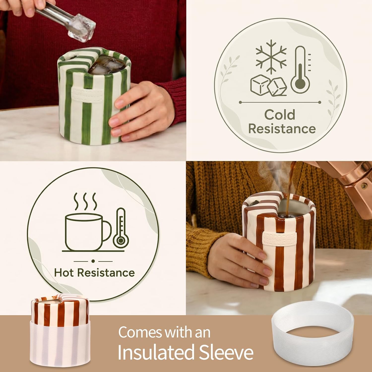 Ceramic Coffee Mug with Sip Hole Striped Travel Espresso Cup with Sleeve | Retro Hand-Painted Multiple Use