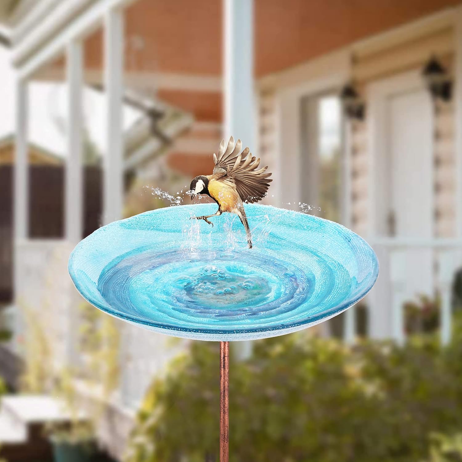 VCUTEKA Glass Bird Bath Outdoor BirdBath Garden Birdfeeder with Metal Stake