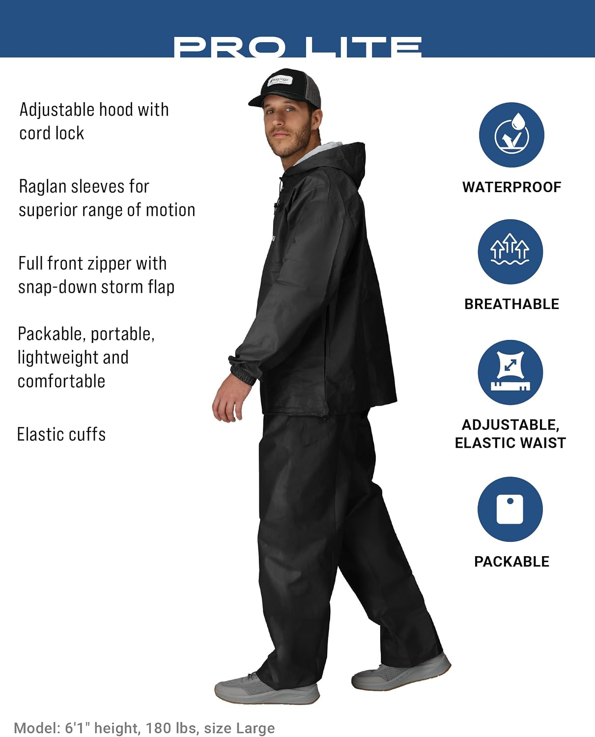 FROGG TOGGS Men's Pro Lite Rain Suit, Waterproof, Breathable, Dependable Wet Weather Protection, Carbon Black, XL/XXL