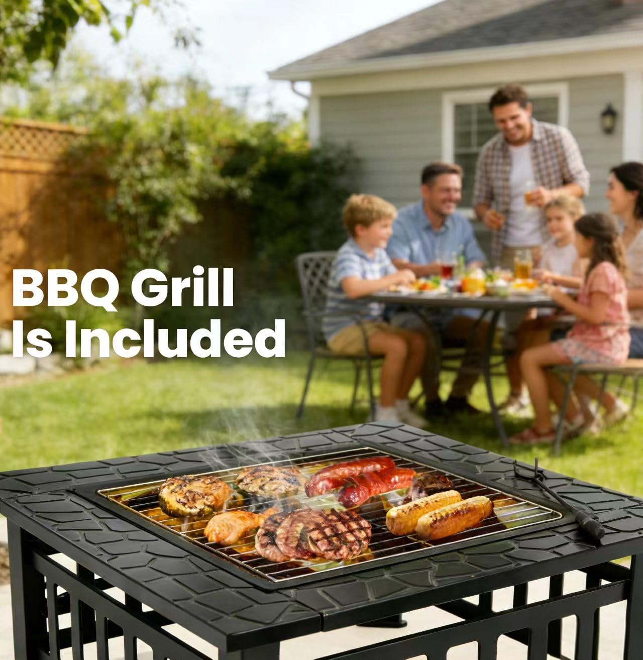 ZENY 32 inch Outdoor Fire Pit with Grill for Outside Wood Burning, Square Metal Outside Fireplaces
