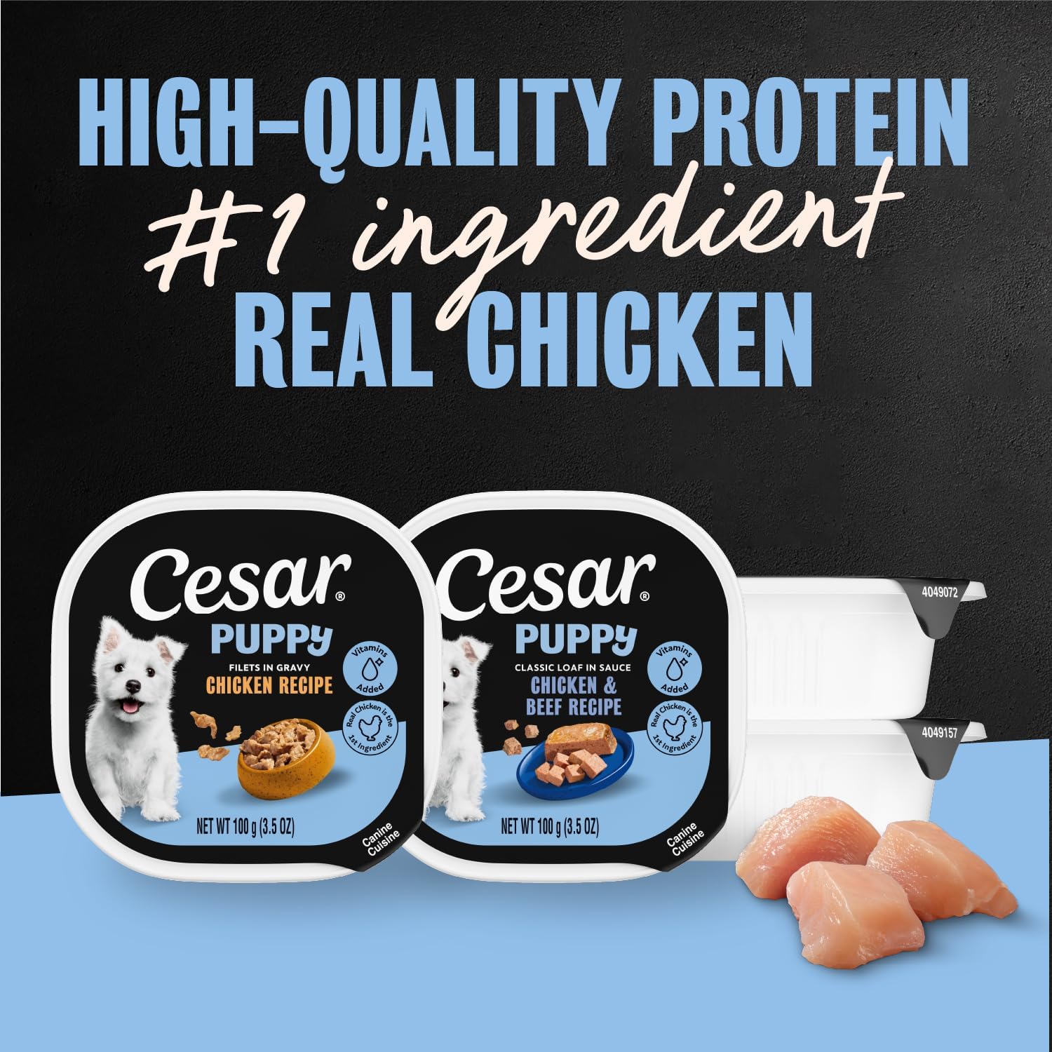 Cesar Puppy Classic Loaf Wet Dog Food, Chicken & Beef, 3.5 oz, 24 Count | Real chicken #1 ingredient, made in USA, no fillers or artificial flavors, essential nutrients, slow-cooked, easy peel trays