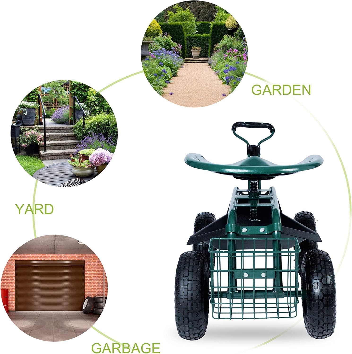 Steerable Garden Stool Cart with Tool Tray and Storage Basket on Wheels Rolling Work Seat Heavy Duty Scooter with Extendable Steer Handle Green