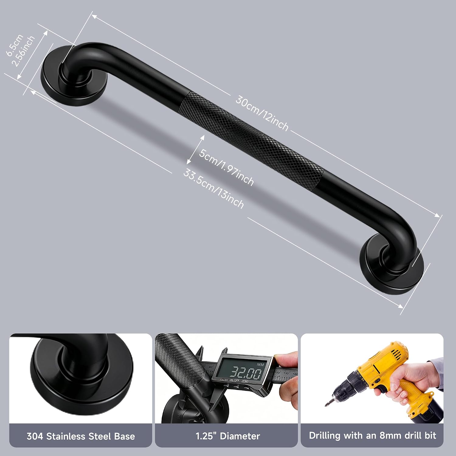 12 Inch Shower Grab Bar 1.25" Dia,Brushed Nickel Anti Slip Bathroom Grab Bar, 304 Stainless Steel Knurled Handicap Grab Bars, Safety Support Handrail,Bath Shower Handle for Elderly Injury Senior