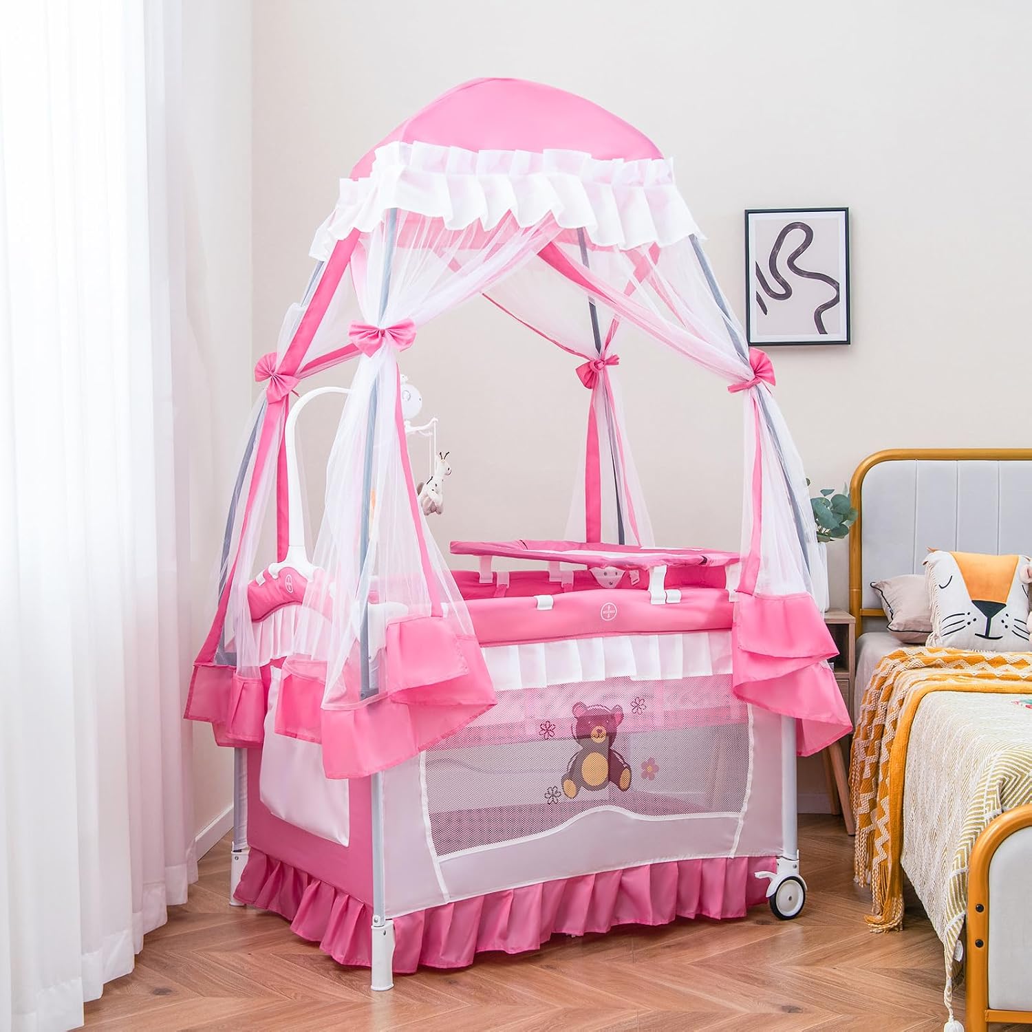 HONEY JOY 4-in-1 Pack and Play with Canopy, Portable Baby Playard w/Changing Table and Infant Bassinet Cute Toys & Music