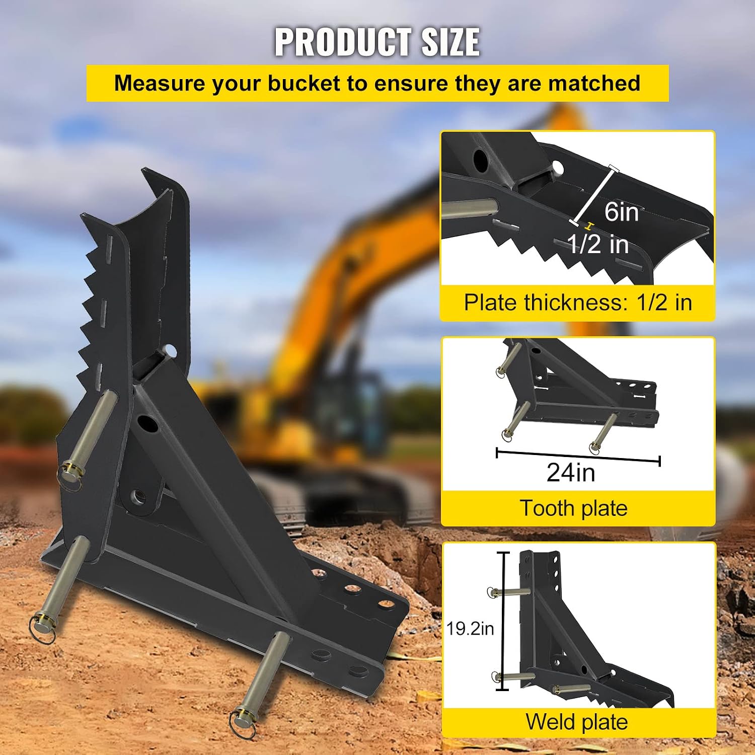 24 inch Excavator Hydraulic Thumb Backhoe Excavator Thumb Attachments Weld 1/2 Inch Teeth Thick Steel Plate Assembly CNC Plasma Cut Bolt-On Design