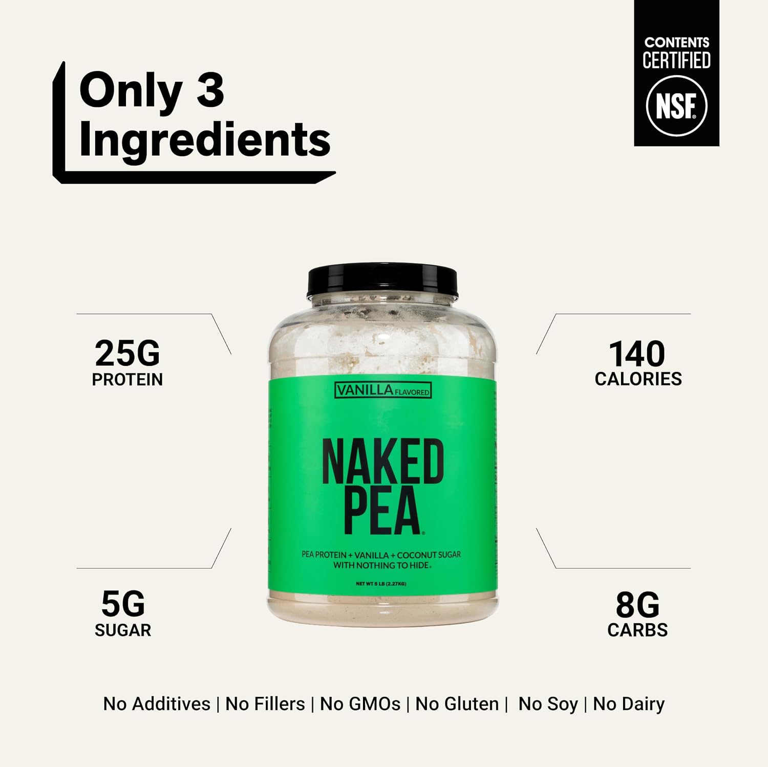 NAKED Pea - 5LB 100% Pea Protein Powder from North American Farms - Unflavored Vegan Pea Protein Isolate - NSF Certified, Plant Protein Powder, Easy to Digest - 76 Servings