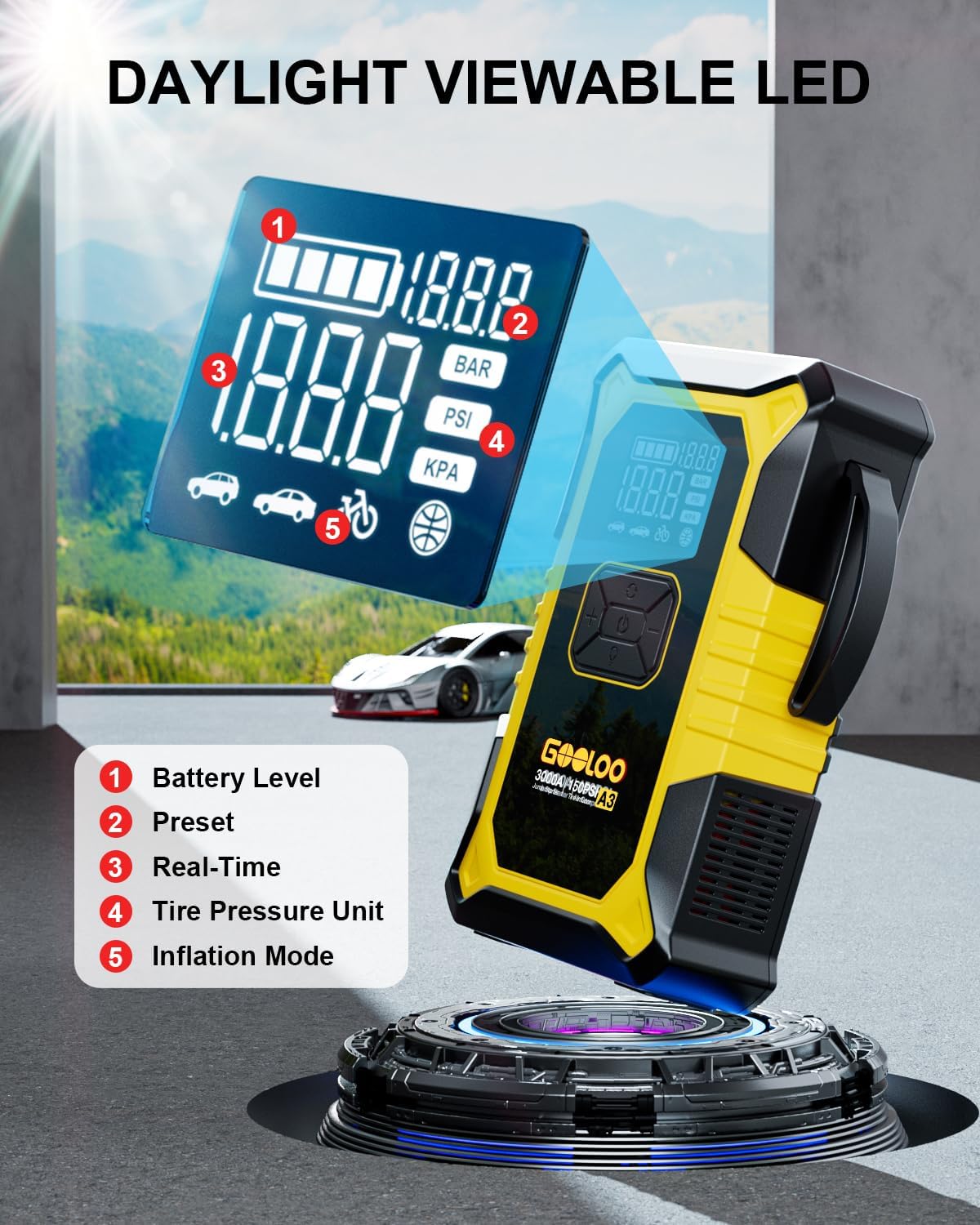 GOOLOO A3 12V 3000A Portable Jump Starter with Air Compressor | Supersafe Car Battery Booster Pack (9L Gas/6.5L Diesel) - BOOST for Dead Battery - 150 PSI Auto-Off Tire Inflator - LED Light