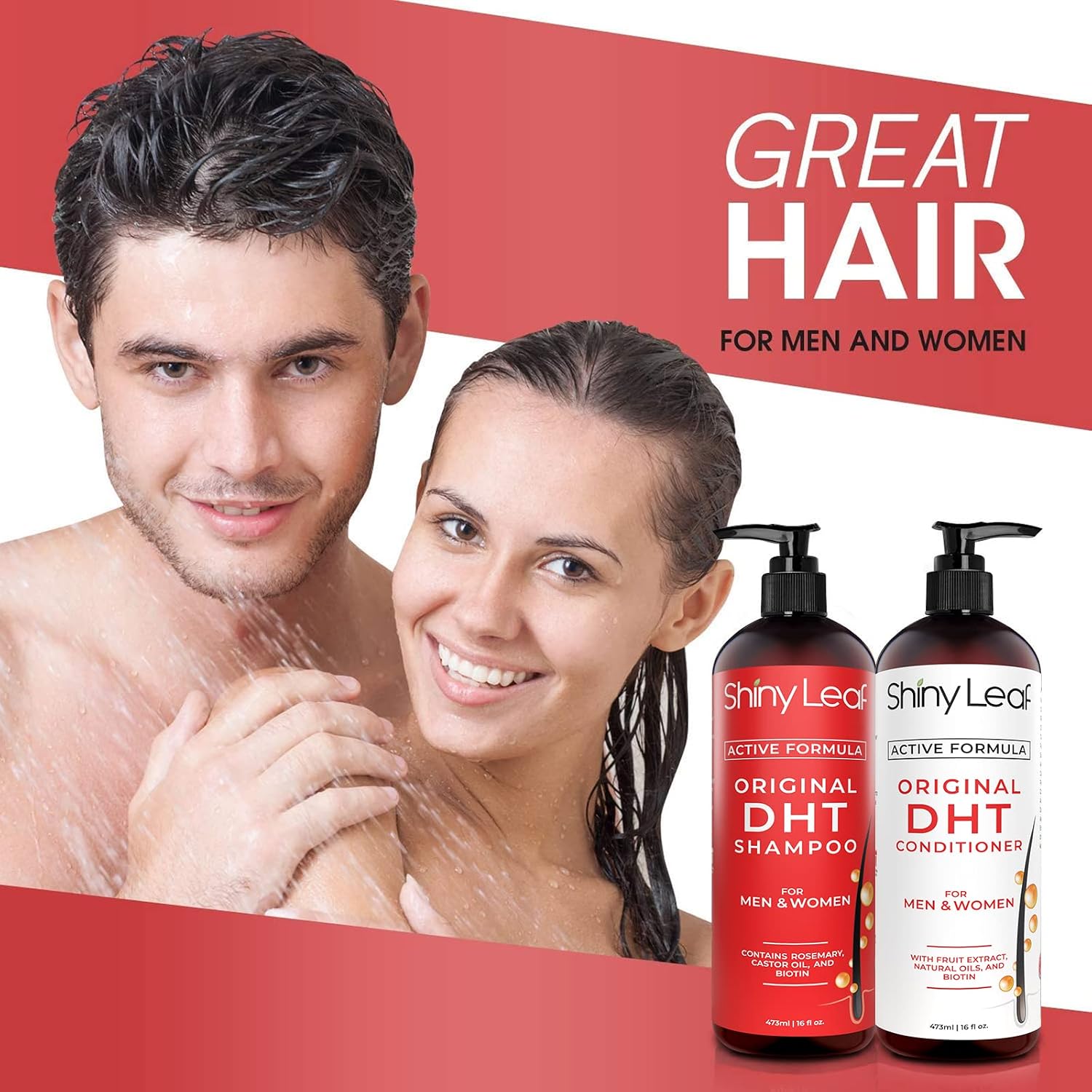 Shiny Leaf DHT Blocker Shampoo and Conditioner Set with Biotin, 2 x 16 oz | DHT blocker shampoo and conditioner with biotin, rosemary oil and asparagus extract for thinning hair. For men and women