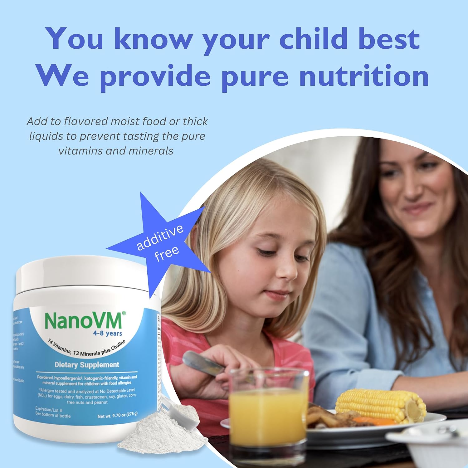 1-3 Years, Allergen-Free Multivitamin for Kids, Unflavored Dietary Supplement, Powdered Supplement with 14 Vitamins & 13 Minerals, Low-Carbohydrate Toddler Vitamins, 275g - Solace Nutrition