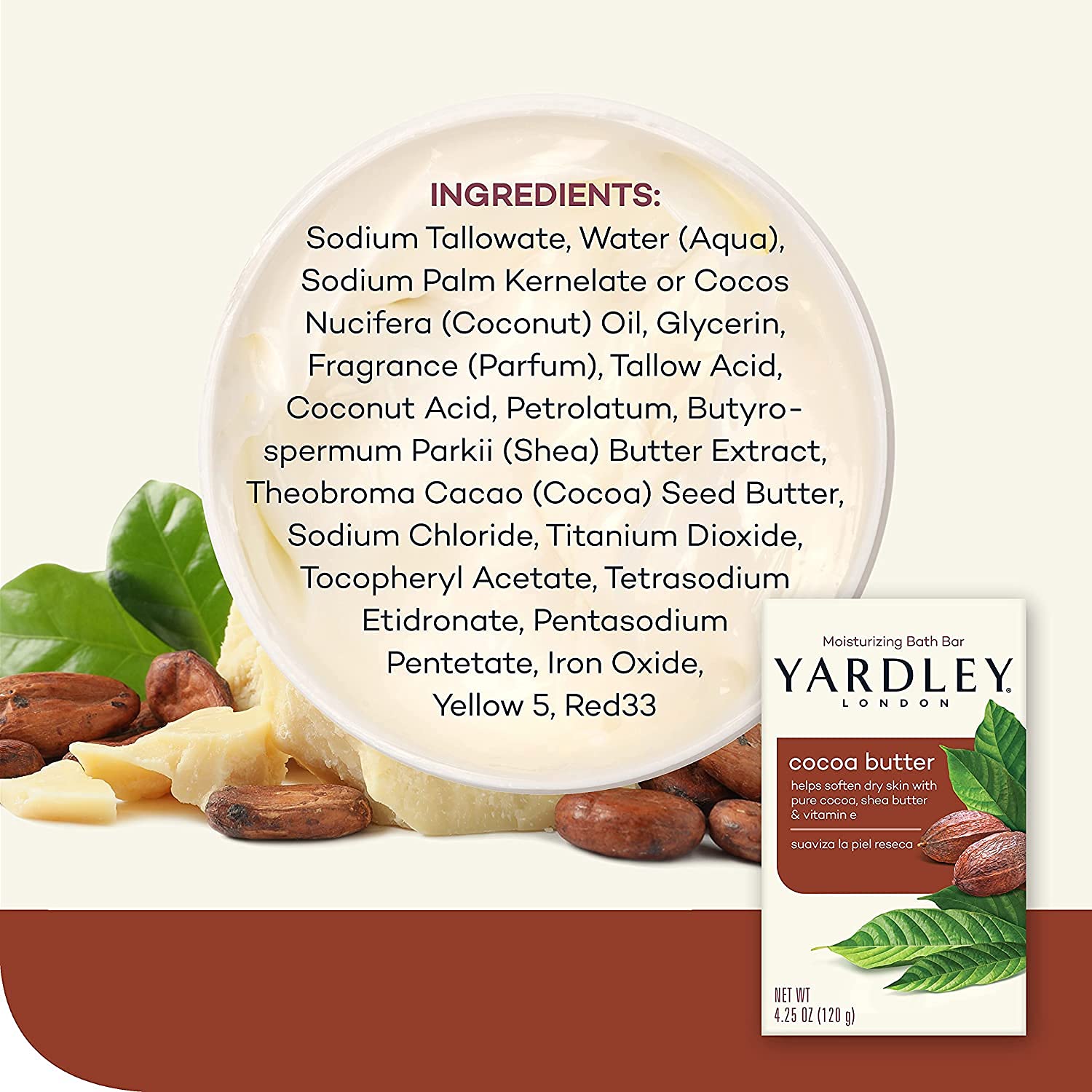 Yardley Moisturizing Bar Cocoa Butter 4.0 oz (Pack of 6)
