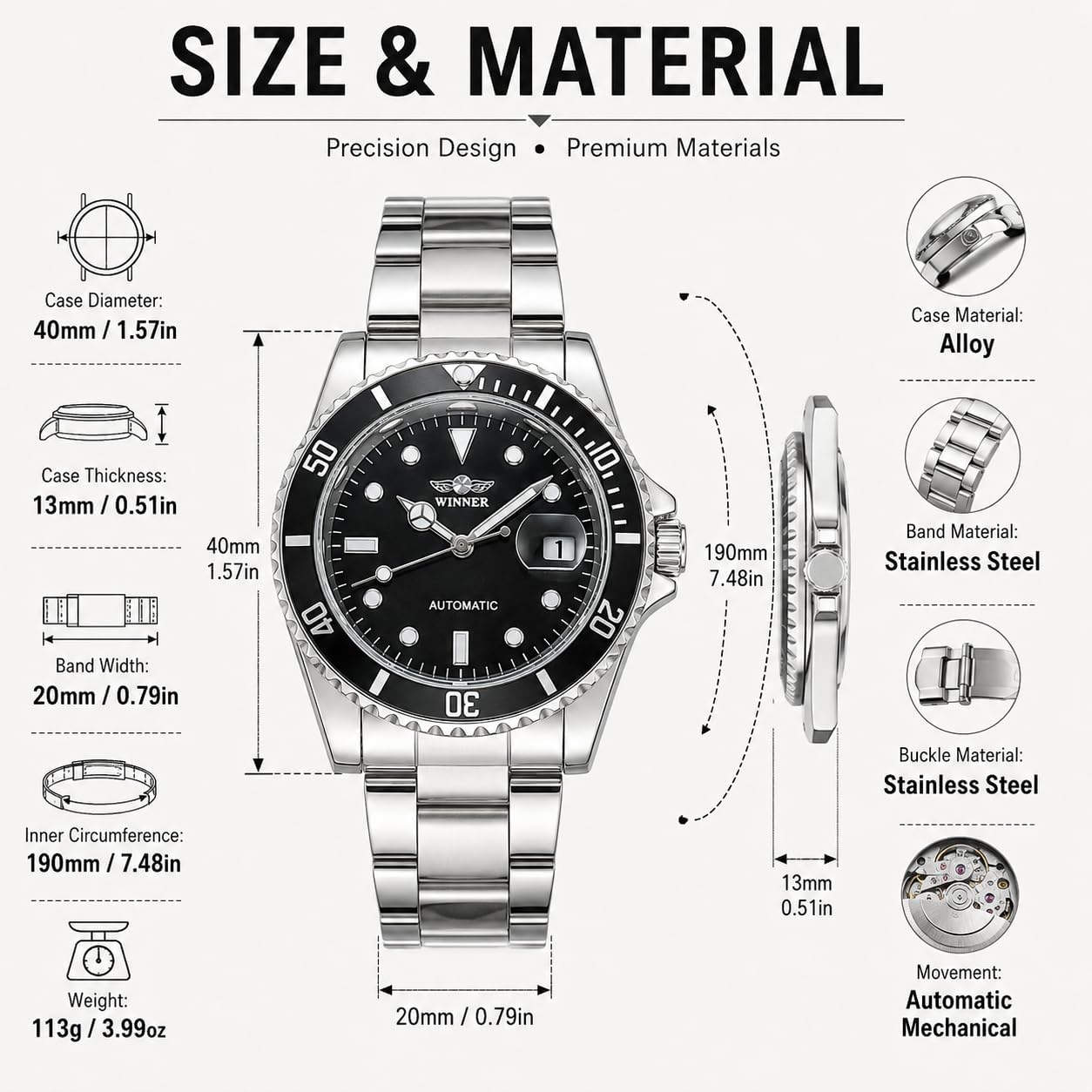 MASTOP Mens Automatic Mechanical Watches Stainless Steel Waterproof Luxury Watch for Men Reloj Automático para Hombre