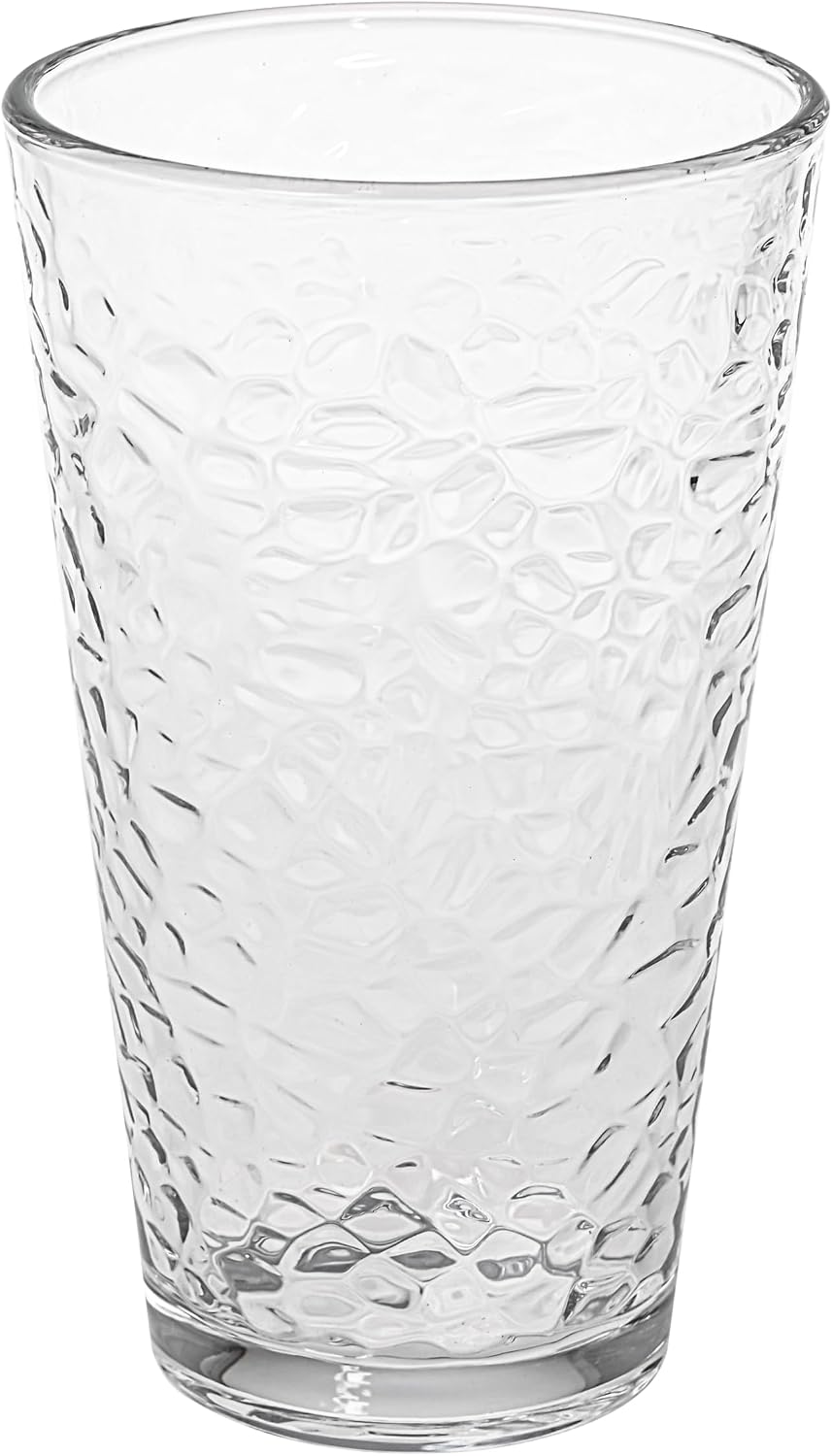 Le'raze Set of 10 Hammered Glass Cups, Clear Heavy Base Drinking Glasses | 16oz, Stackable, Durable, Dishwasher Safe, Freezer Safe, Non Slip