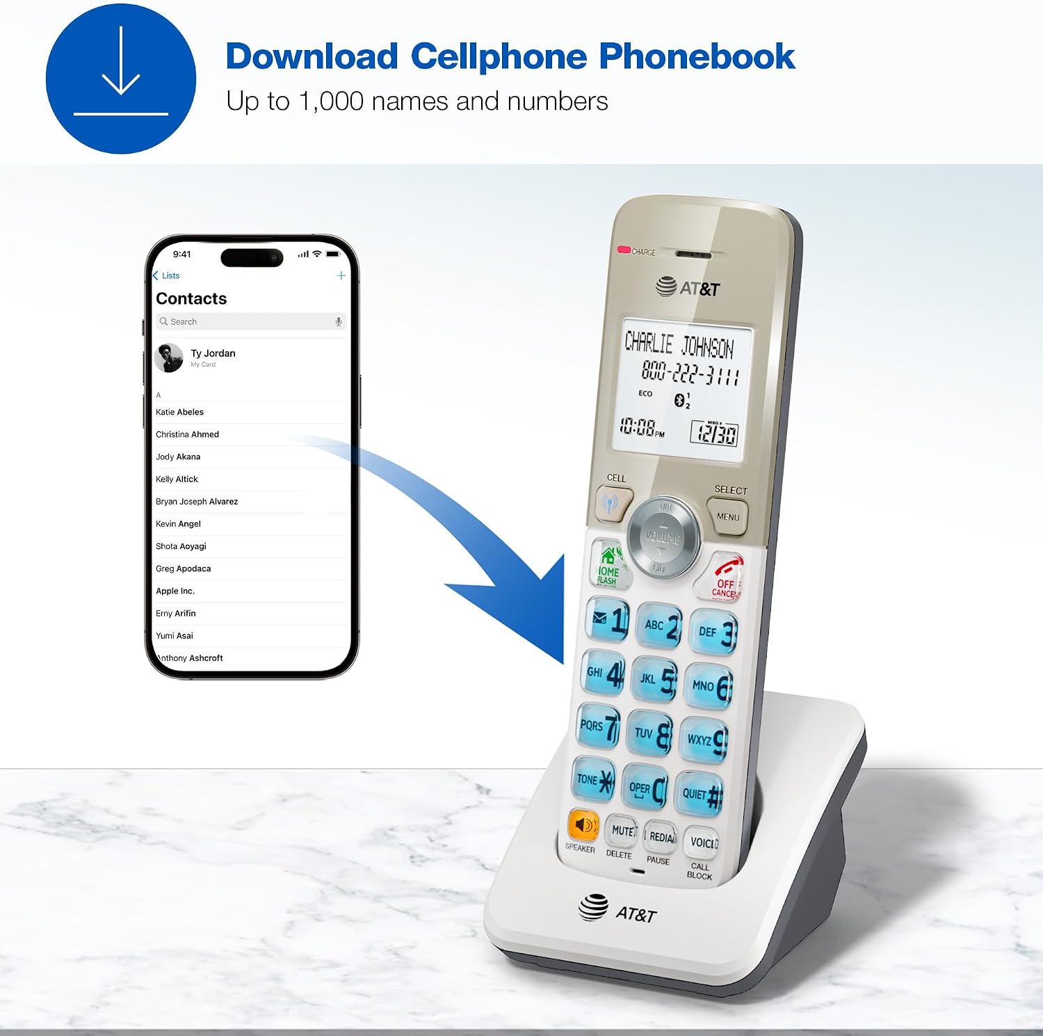 AT&T DL72219 DECT 6.0 2-Handset Cordless Phone for Home with Connect to Cell, Call Blocking, 1.8" Backlit Screen, Big Buttons, intercom