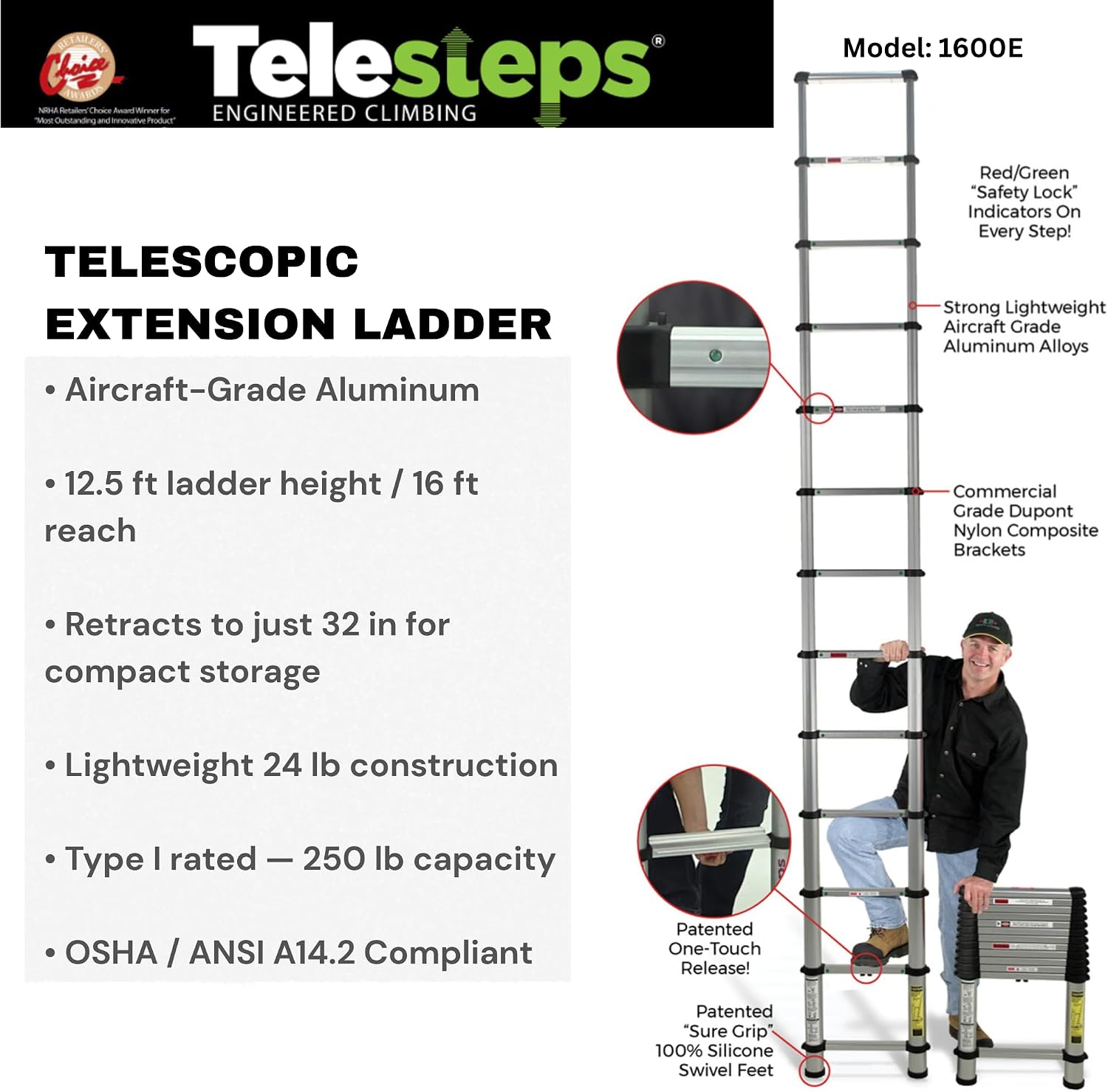 Telesteps 1600E Telescoping Extension Ladder – 12.5 ft Height