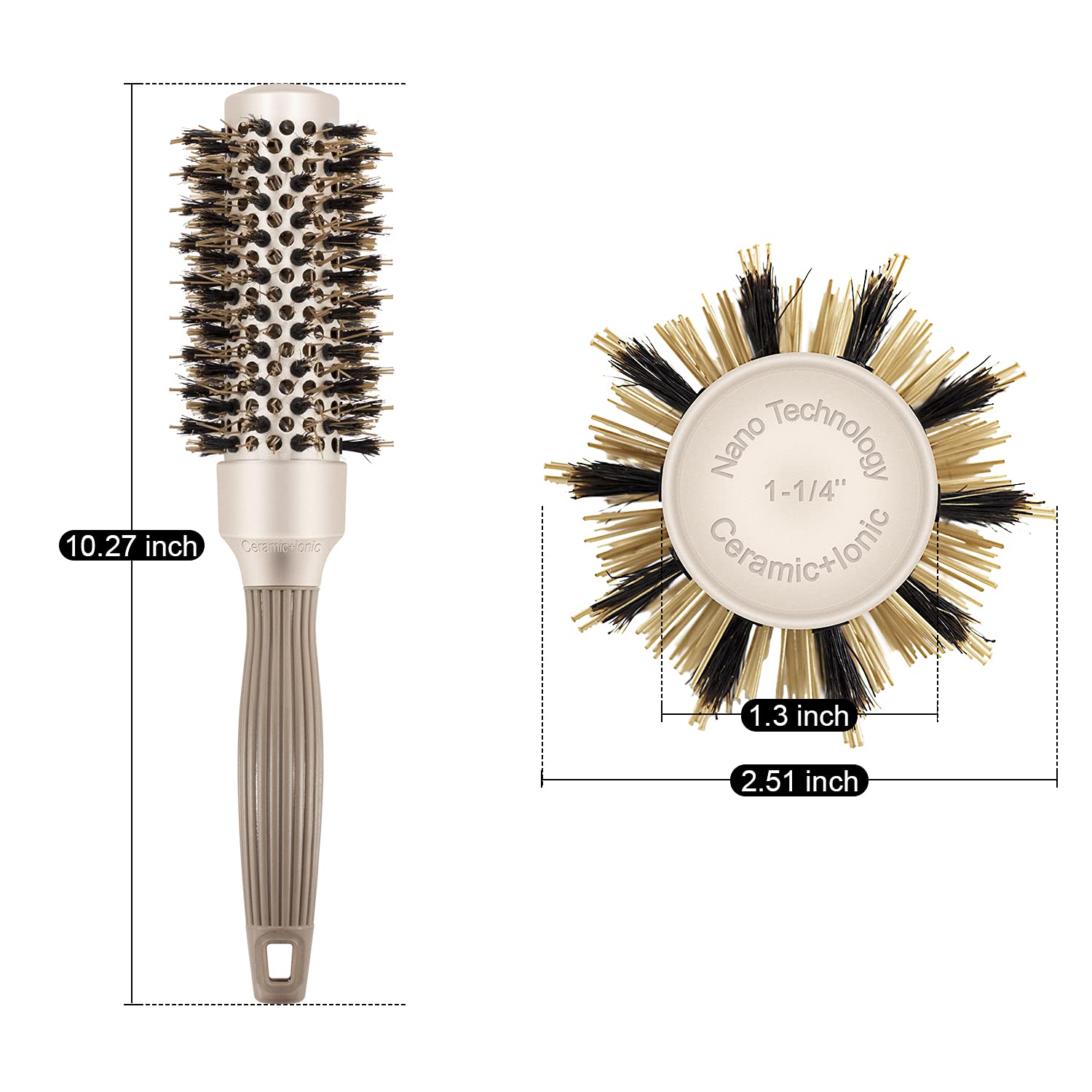 BANGMENG Round Brush with Boar Bristles, 1 inch Barrel, Nano Thermal Ceramic Ionic Tech for Straightening and Blow Drying, Gold
