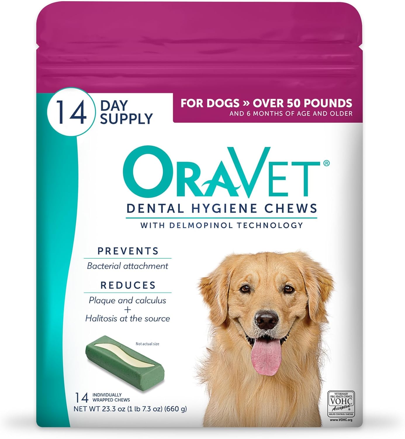 ORAVET Dental Chews for Dogs, Oral Care and Hygiene Chews (Large Dogs, Over 50 lbs.) Pink Pouch, 30 Count (Pack of 1) | VOHC-accepted dual-action chew reduces plaque & tartar, freshens breath barrier vet-recommended