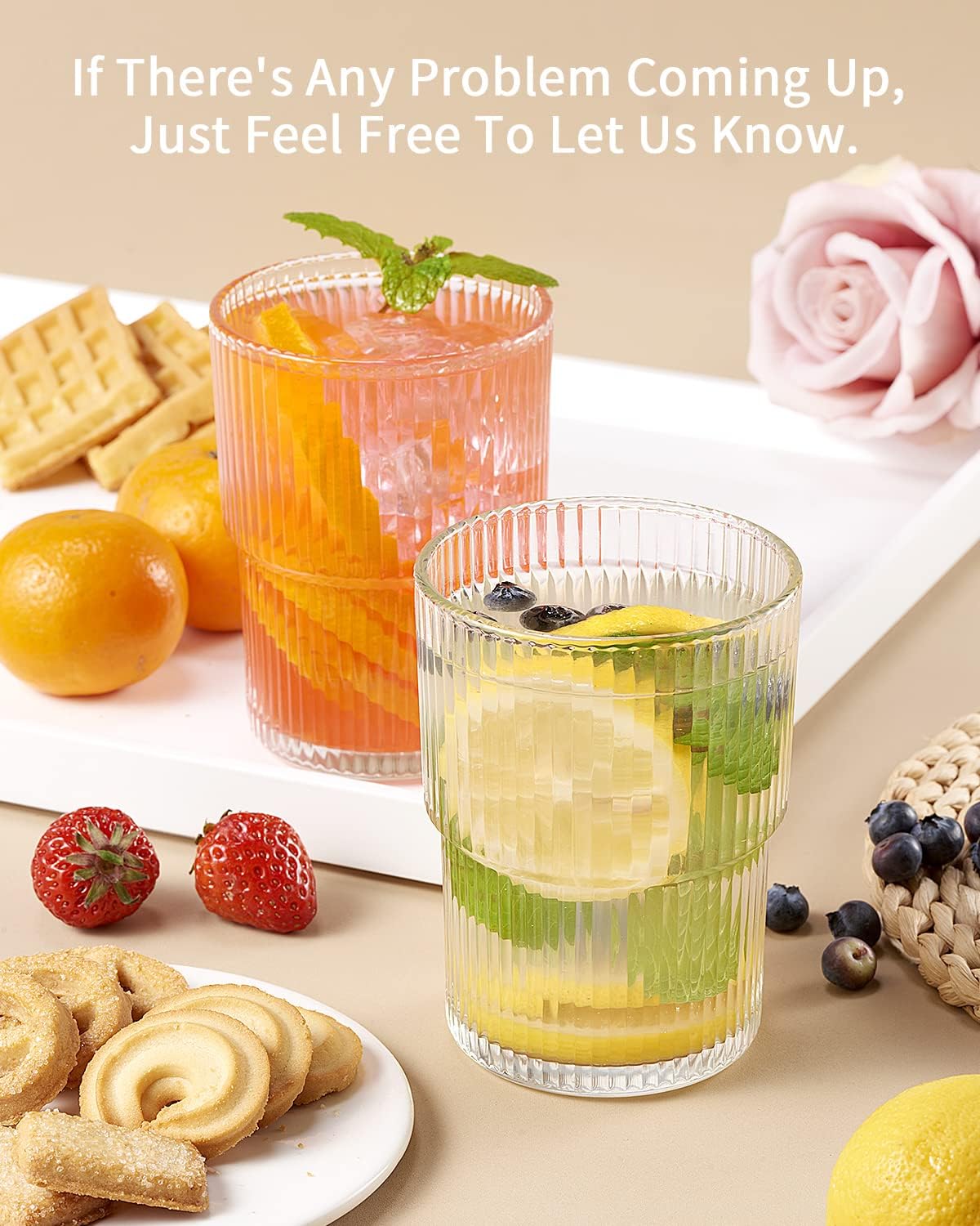 6PCS Ribbed Drinking Glasses, 14Oz Stackable Glass Cup Set for Bar & Kitchen | Fluted Designed