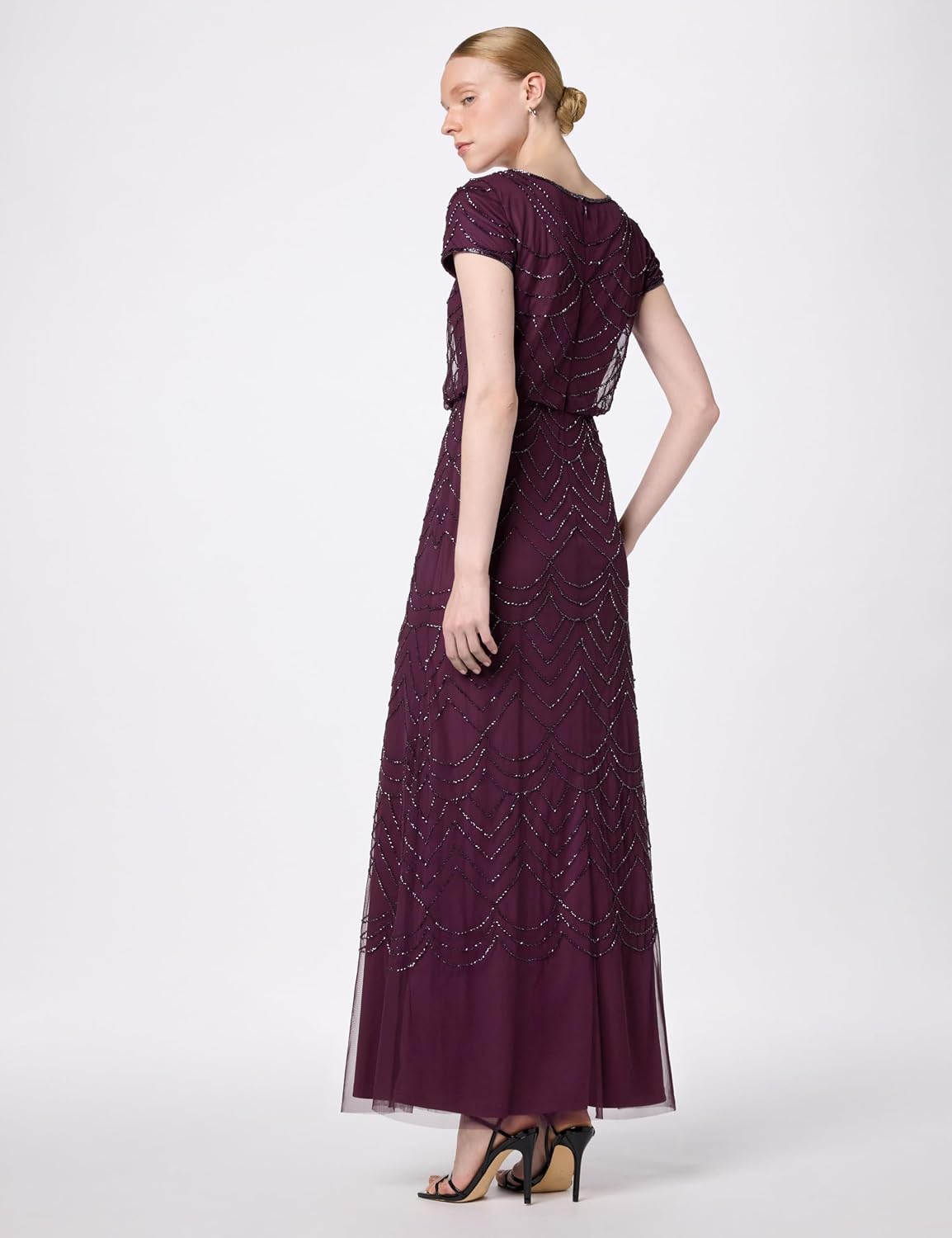 Adrianna Papell Womens Short Sleeve Blouson Beaded Gown