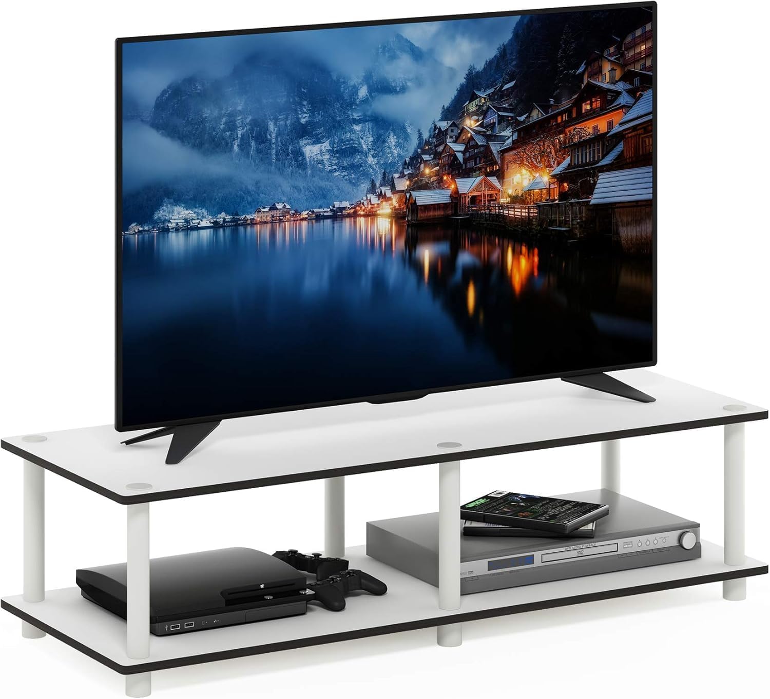 Furinno Turn-N-Tube TV Riser Stand, 2-Tier Small Elevated No Tools TV Stand, TV Console for TV up to 32 inch, 15.8 x 23.8 x 11, for Living Room, Bedroom, French Oak/Black
