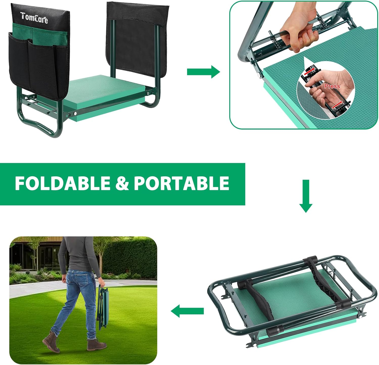 TomCare Garden Kneeler and Seat, 11.12" Kneeling Pad Sturdy Garden Bench | Heavy Duty Garden Stool, 450 lbs Load Capacity, 2 Tool Pouches, Foldable Design, Gardening Gift for Women, Men and Gardeners