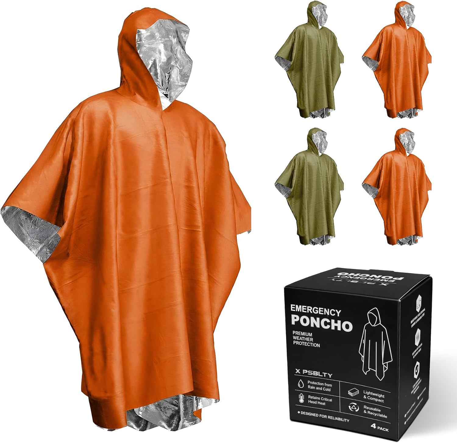 4 Pack Emergency Survival Mylar Poncho | 90% Heat Retention, Waterproof, Windproof, Tear-Resistant, Individually Packed for Hiking, Camping, Car Emergency Kit