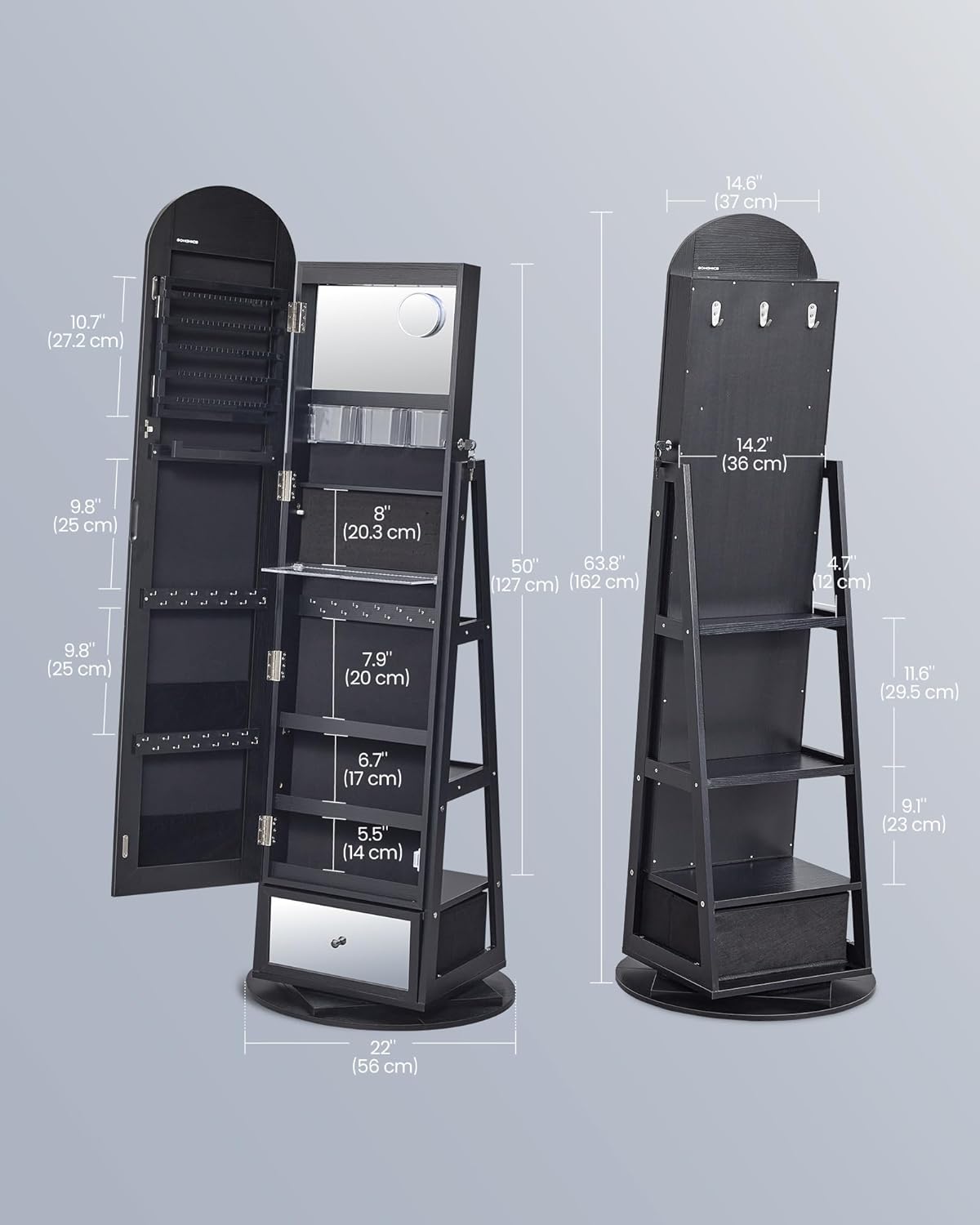 SONGMICS 360° Swivel Jewelry Cabinet, Full-Length Mirror, Lockable