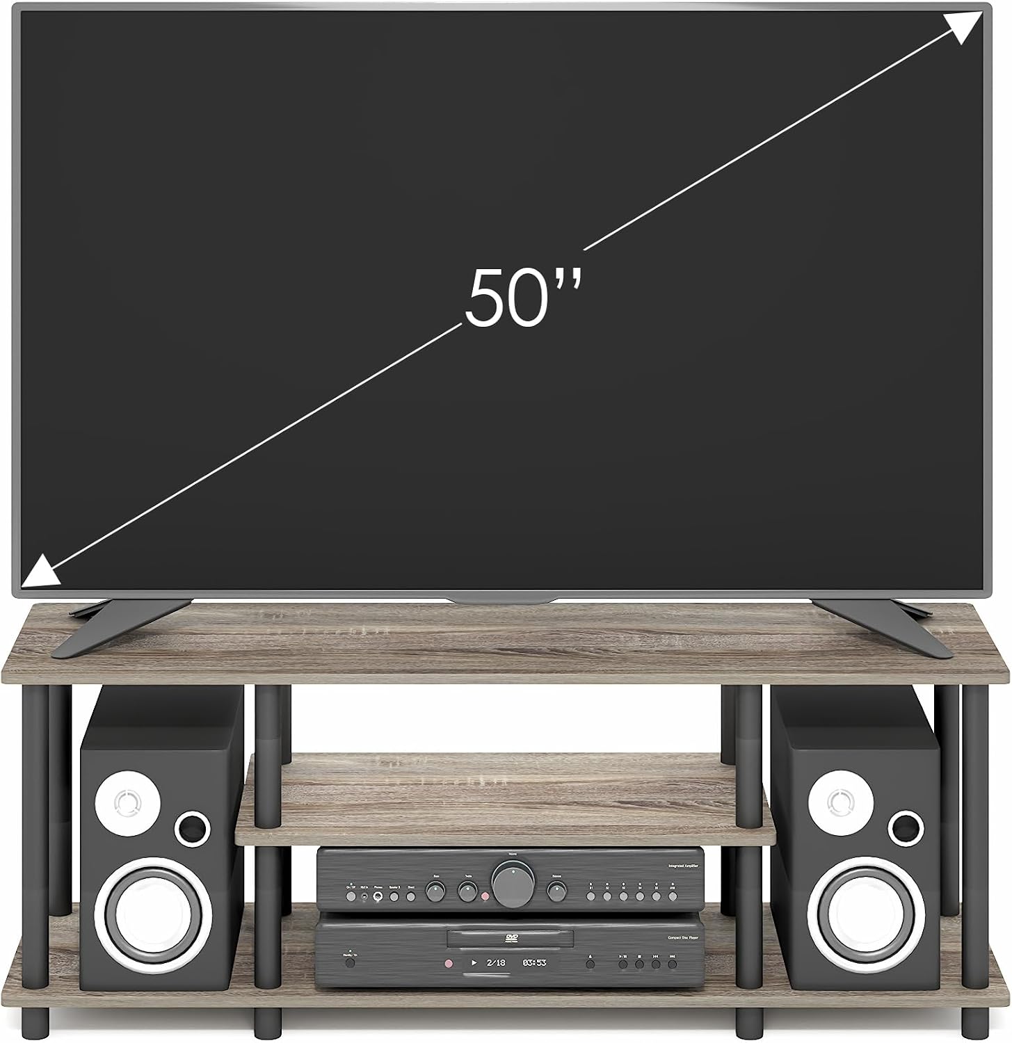 Furinno Turn-N-Tube No Tools 3D 3-Tier Entertainment TV Stand up to 50 inch TV, Round Tubes, French Oak Grey/Black | for TV up to 50 Inch, Open Frame Rectangular Entertainment Center with Storage Shelf, TV Console, for Living Room, Bedroom