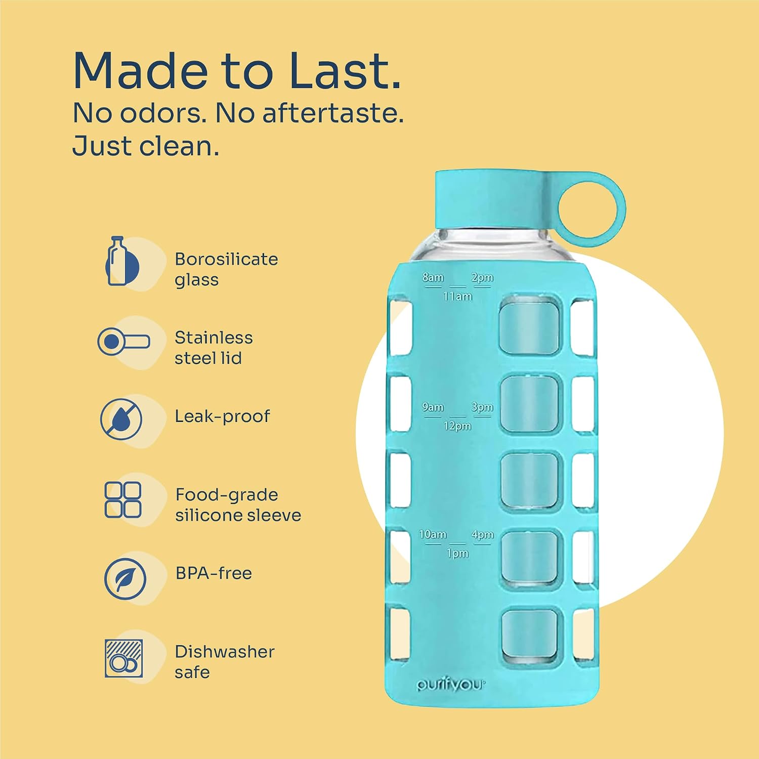 purifyou 40oz / 32oz / 22oz / 12oz Borosilicate Glass Water Bottle with Time & Volume Markers, Silicone Sleeve