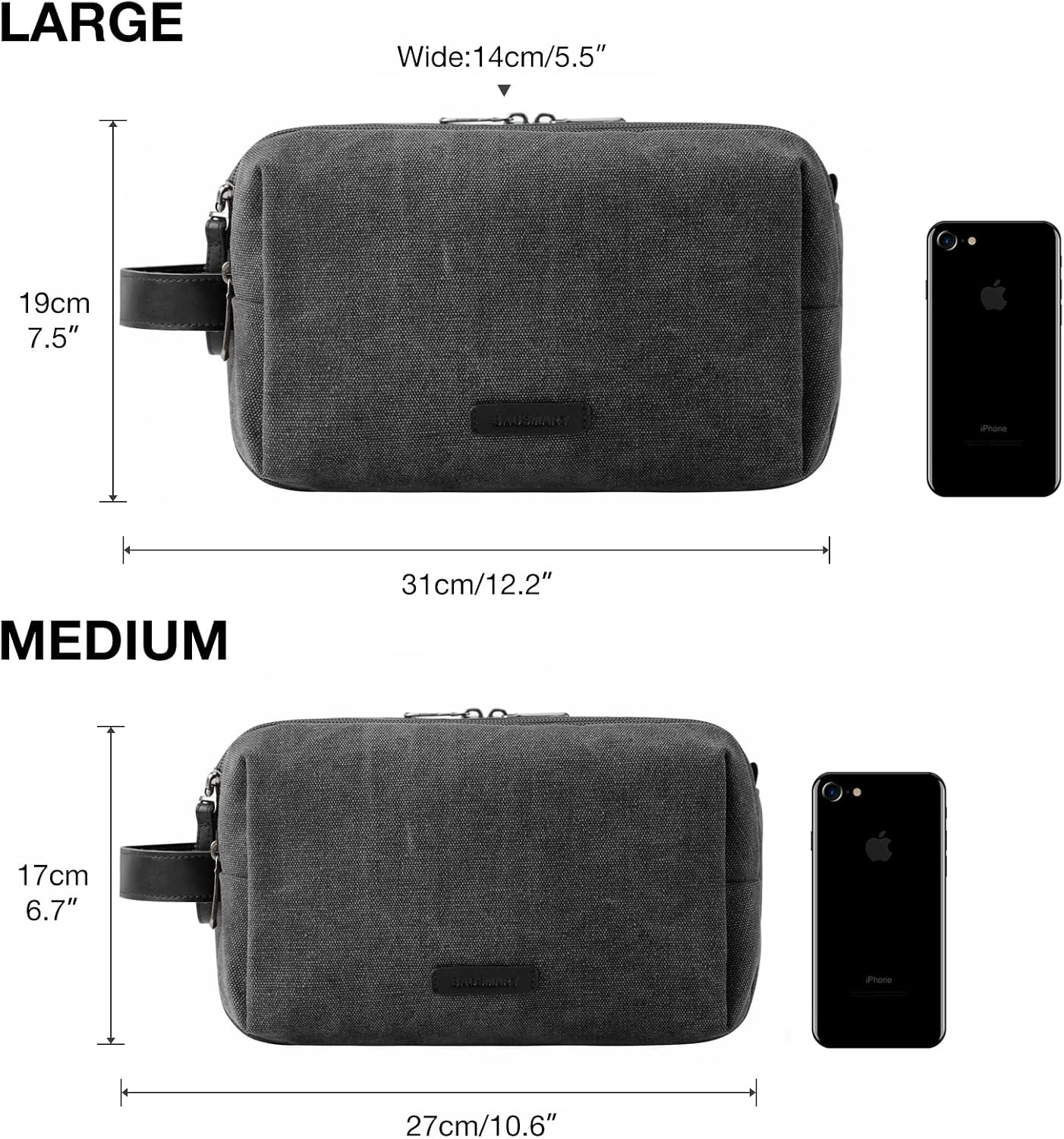 BAGSMART Toiletry Bag for Men, Canvas Travel Toiletry Organizer Dopp Kit Water-resistant Shaving Bag for Toiletries Accessories,Grey-Medium