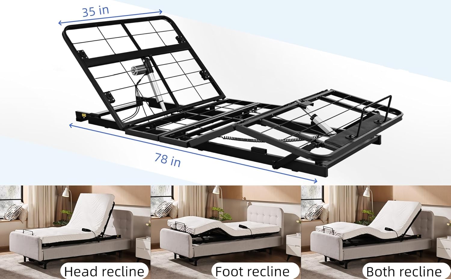 Twin XL Adjustable Bed Frame Without Legs for Rv Platform Storage Bed | Zero Clearance Head & Foot Electric Lift Recline