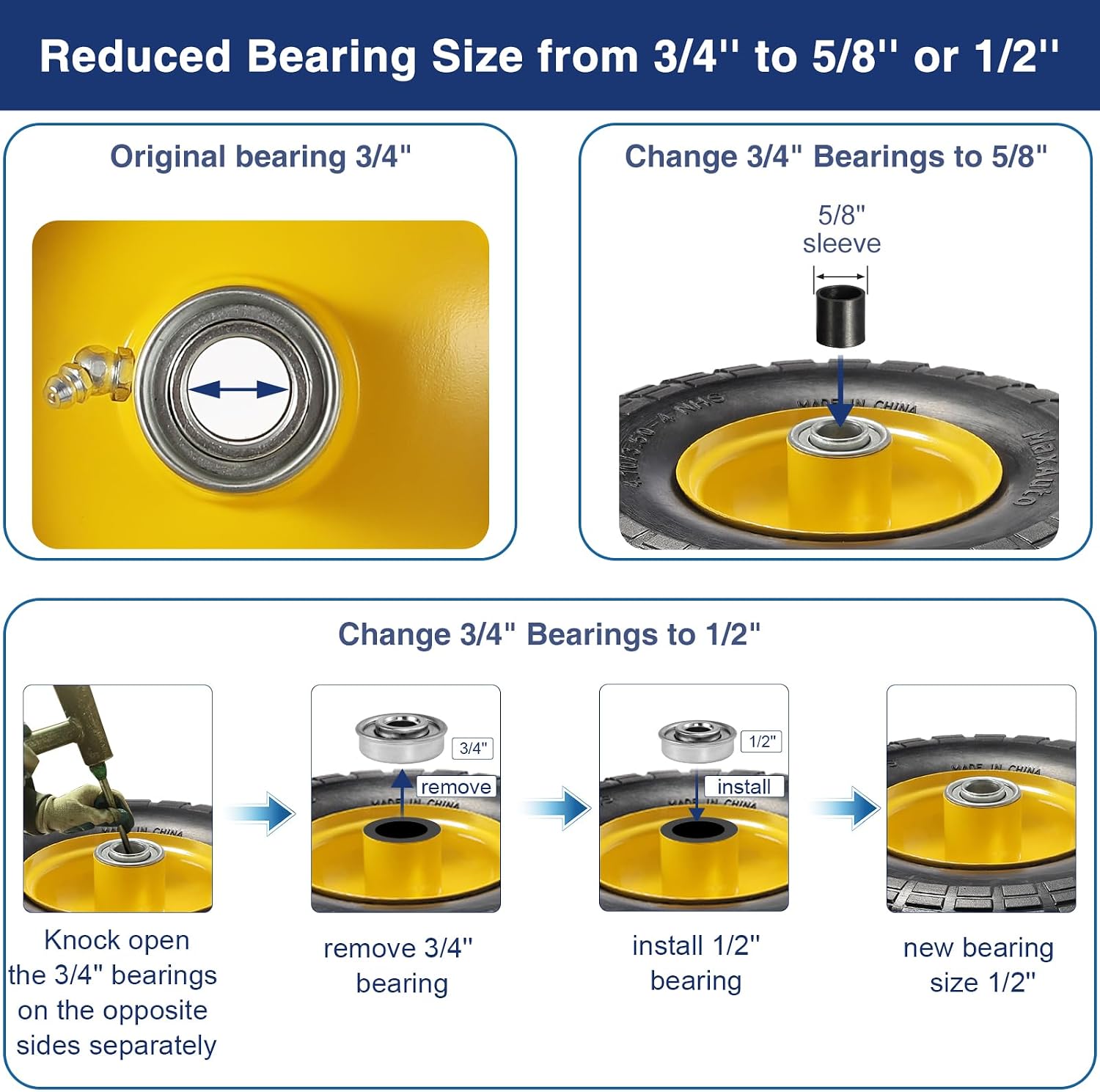 MaxAuto 4.10/3.50-6" Flat Free Tire & Wheel, 3" Centered Hub, 3/4" Bearings