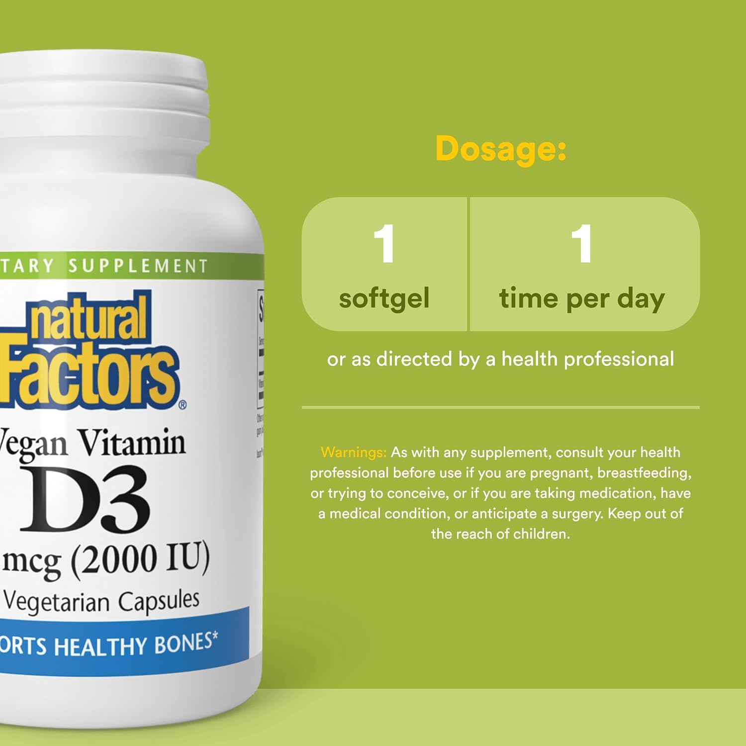 Natural Factors Vegan Vitamin D3 2000 IU - Supports Bone & Immune Health - Plant-Based Cholecalciferol - Vegetarian Capsules - 90 Capsules (90